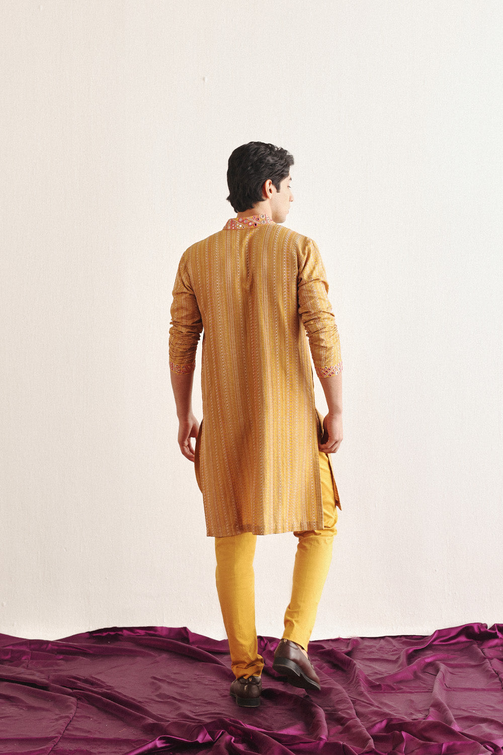 Golden Yellow Kantha Work Kurta With Mirrorwork