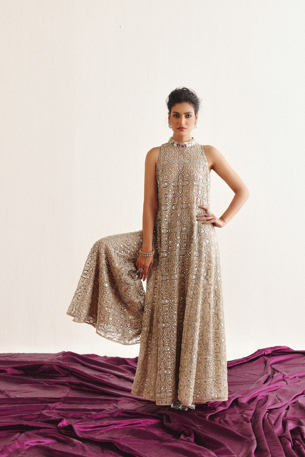Afshaan in our Hi Neck Long Sleeveless Dress and Sharara Set