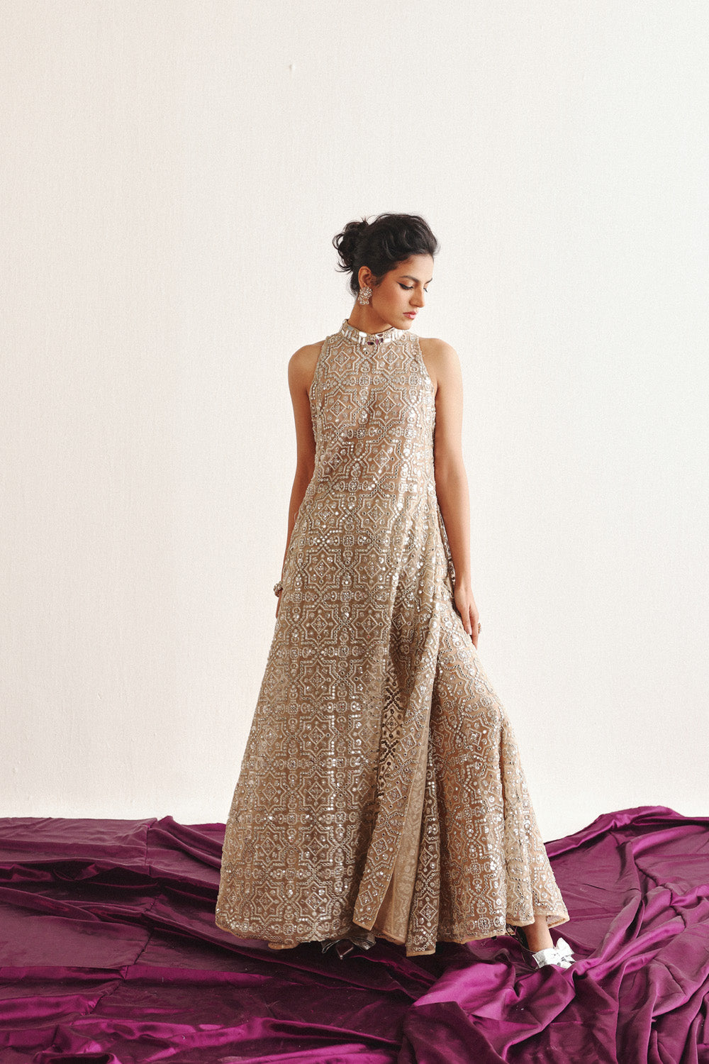 Afshaan in our Hi Neck Long Sleeveless Dress and Sharara Set