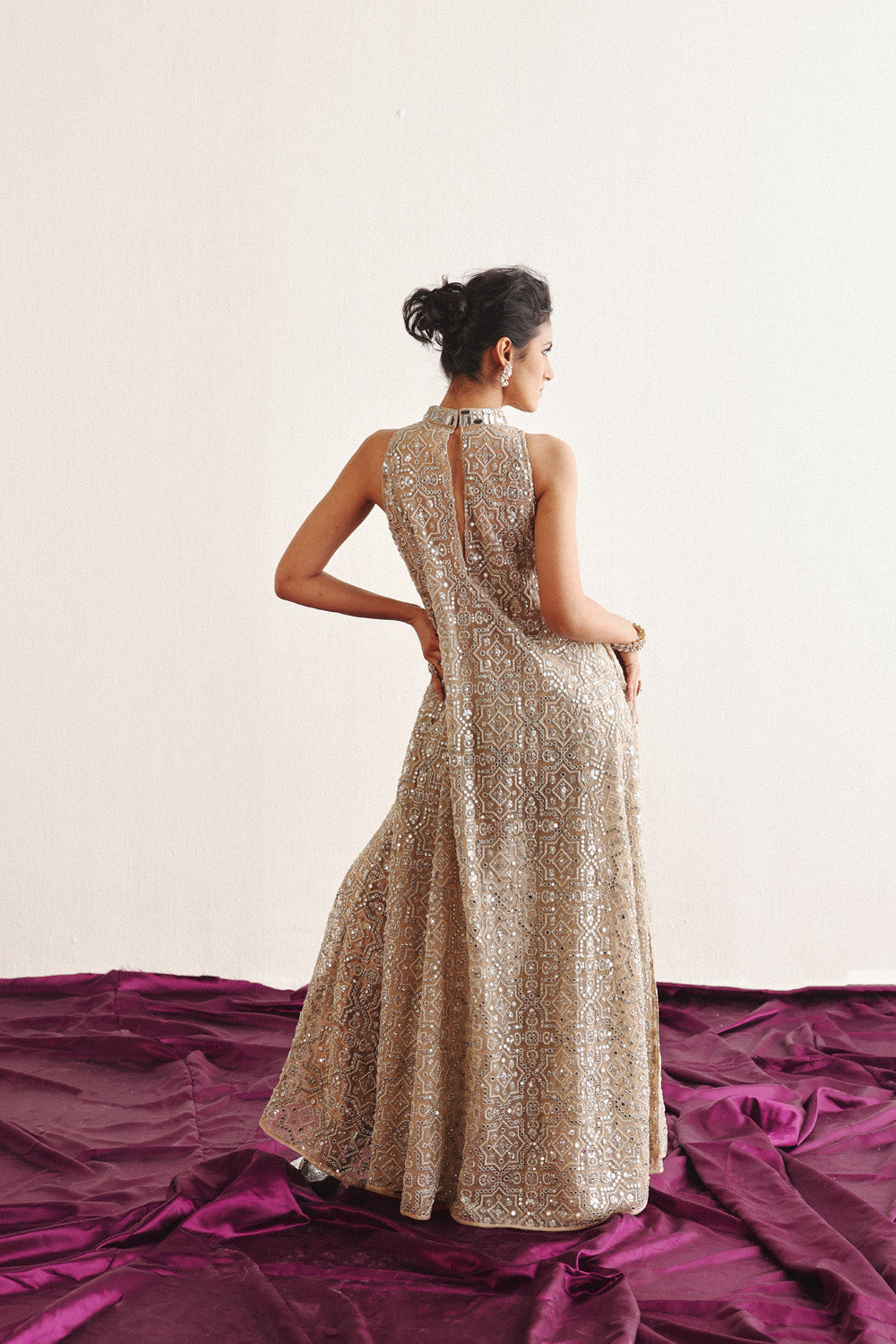 Afshaan in our Hi Neck Long Sleeveless Dress and Sharara Set