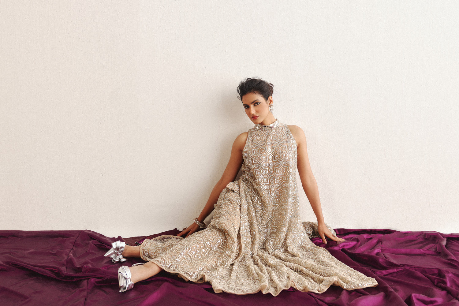 Afshaan in our Hi Neck Long Sleeveless Dress and Sharara Set
