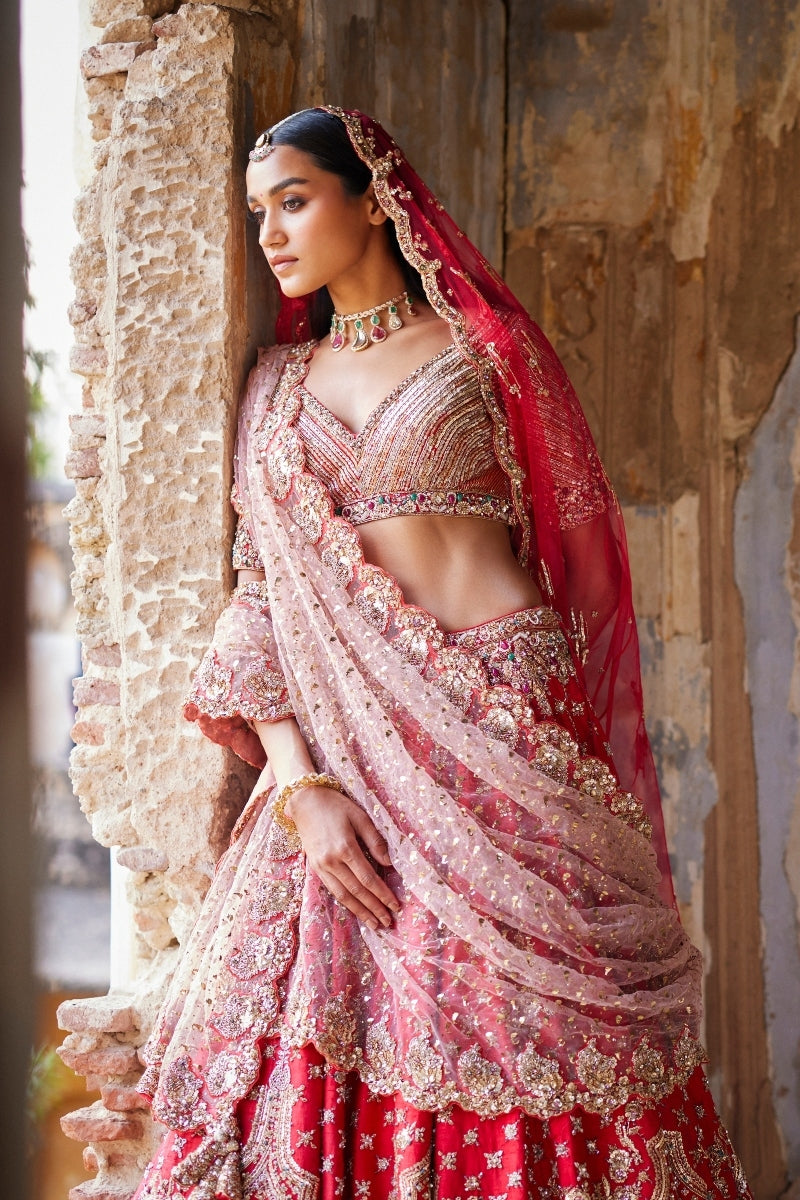 Eris Red Raw Silk Bridal Lehenga