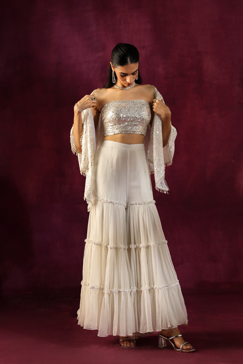 Embellished Layered Shararas in Crinkled Chiffon
