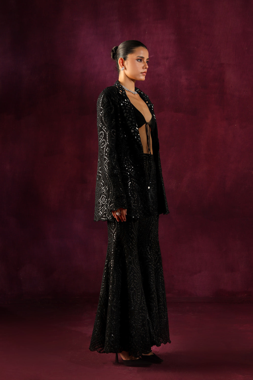 Black Floral Mirrorwork Blazer