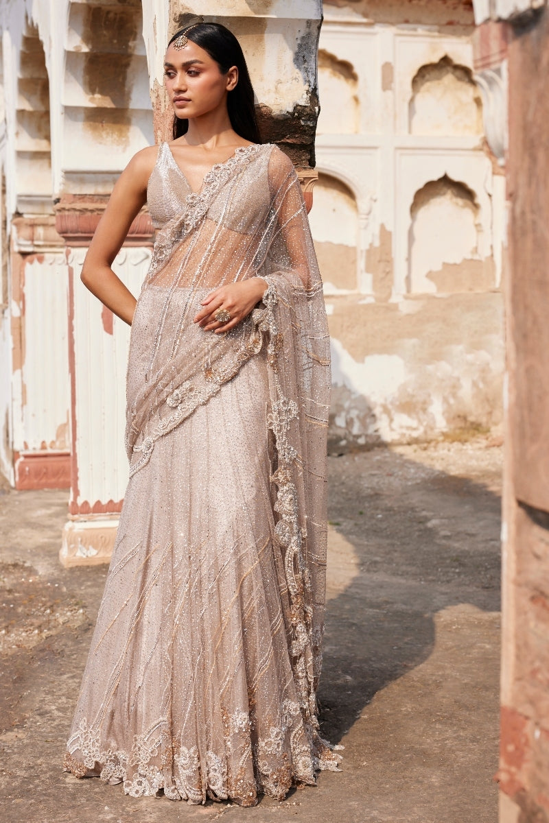 Hecate Dusty Ivory Shimmer Tulle Bridal Lehenga Sari