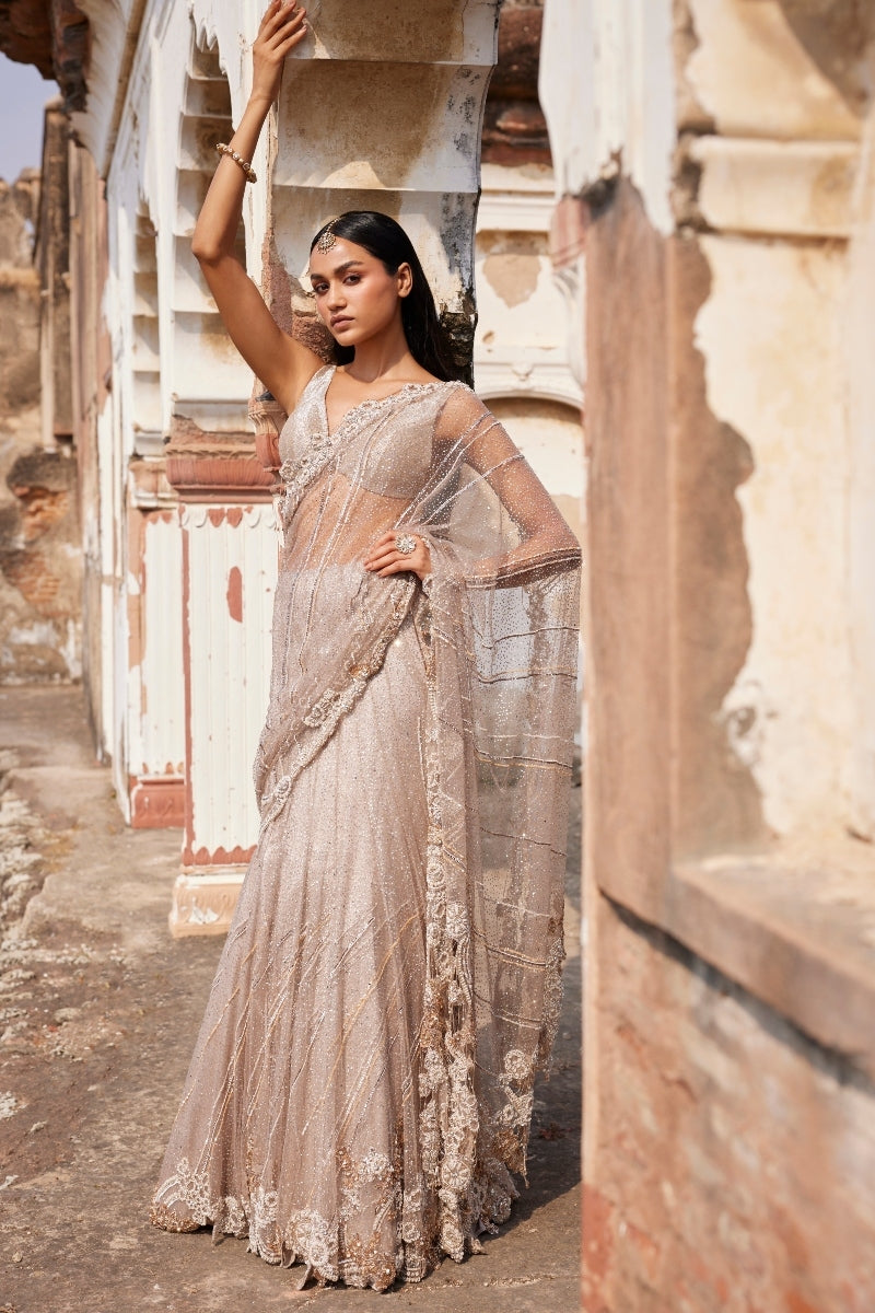 Hecate Dusty Ivory Shimmer Tulle Bridal Lehenga Sari