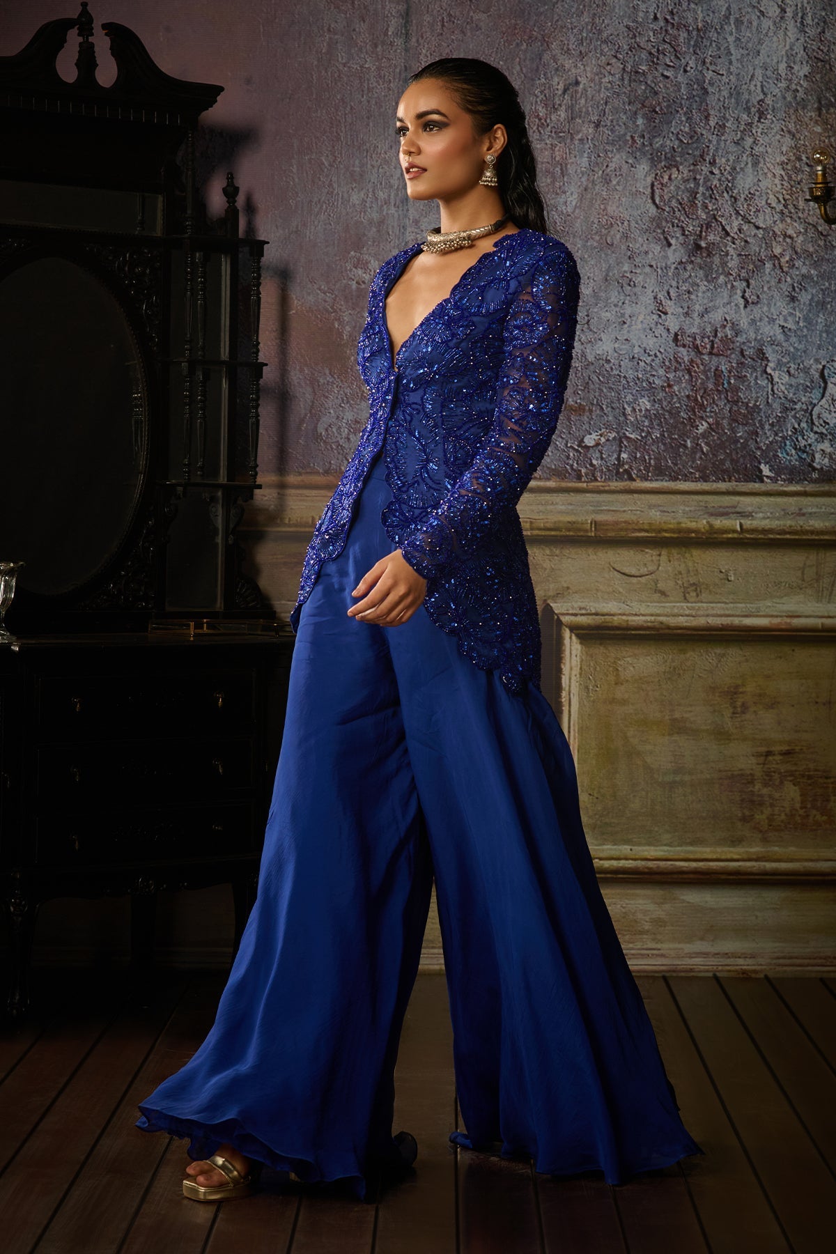 MRUNAL THAKUR IN BLUE JACKET SHARARA SET