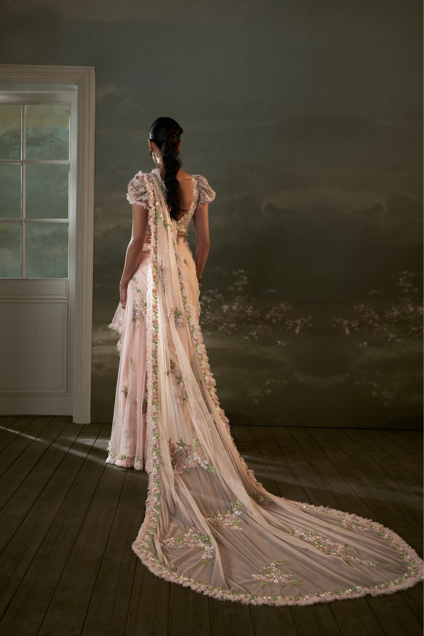 Rose Pink Pre-draped Saree With Trail