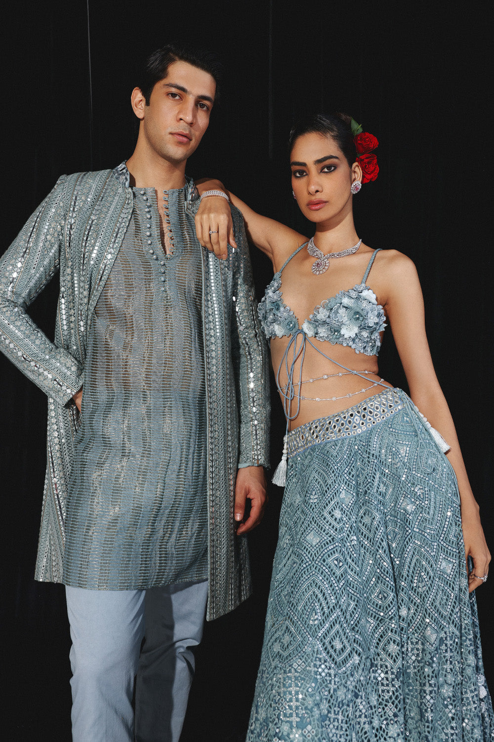Lace work lehenga Set with Mirror Work