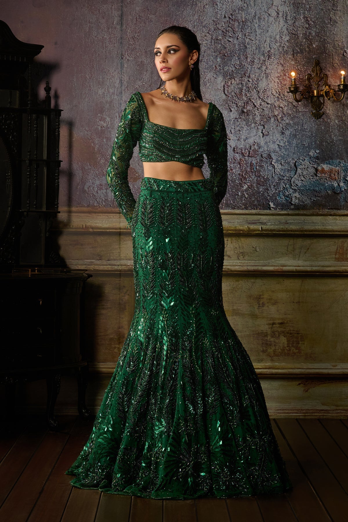 BOTTLE GREEN FULLY EMBROIDERED BLOUSE AND MERMAID SKIRT SET - Ready to Ship