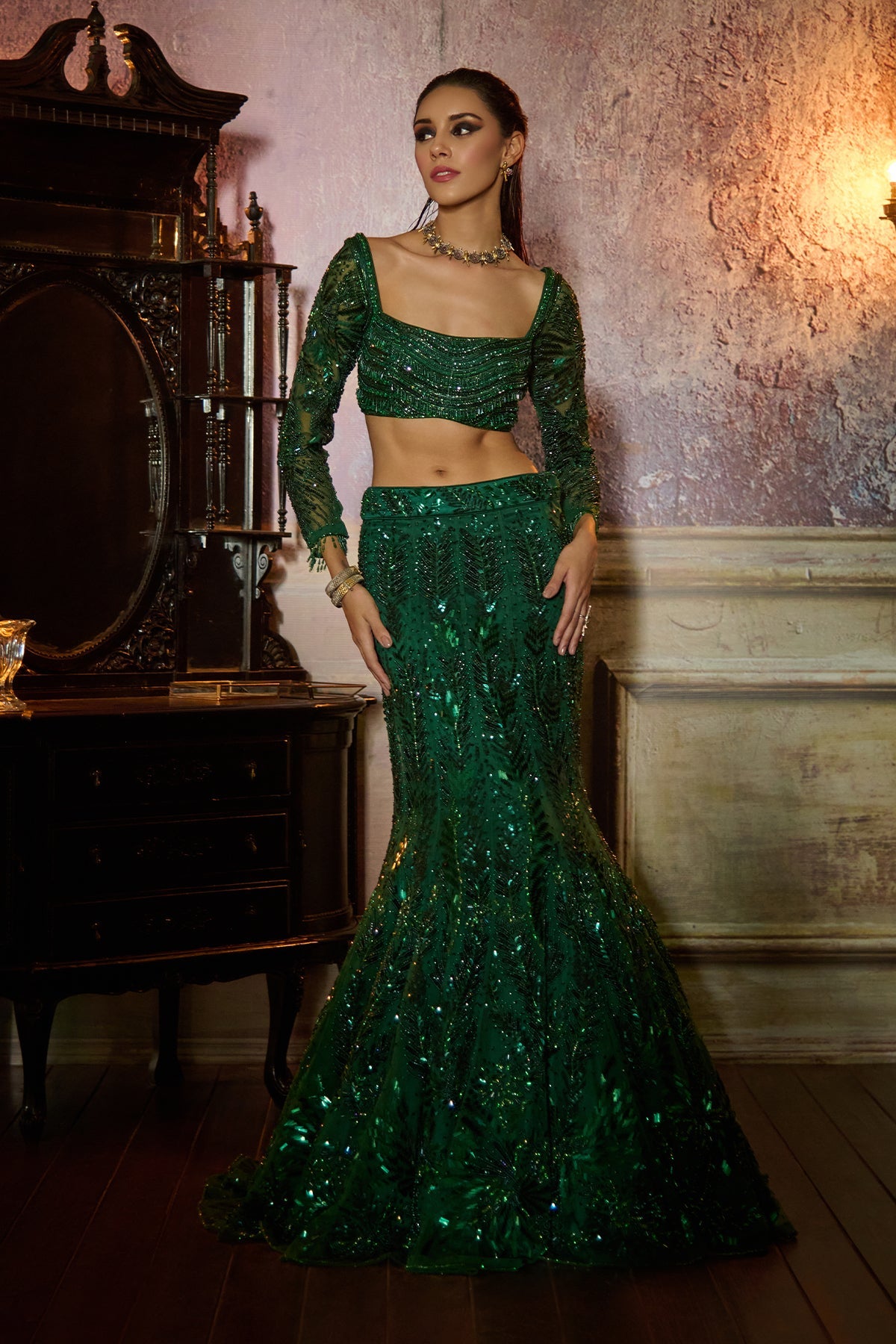 BOTTLE GREEN FULLY EMBROIDERED BLOUSE AND MERMAID SKIRT SET - Ready to Ship