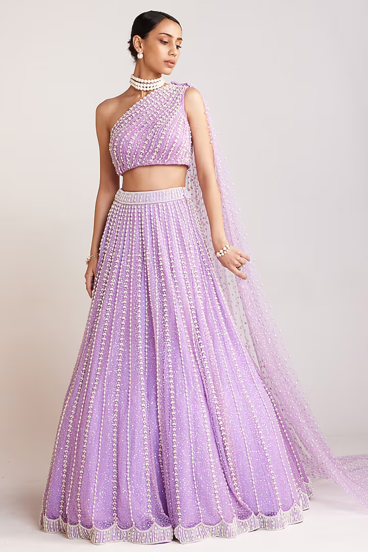 Lilac Net Pearl Embellished Lehenga Set - Vvani
