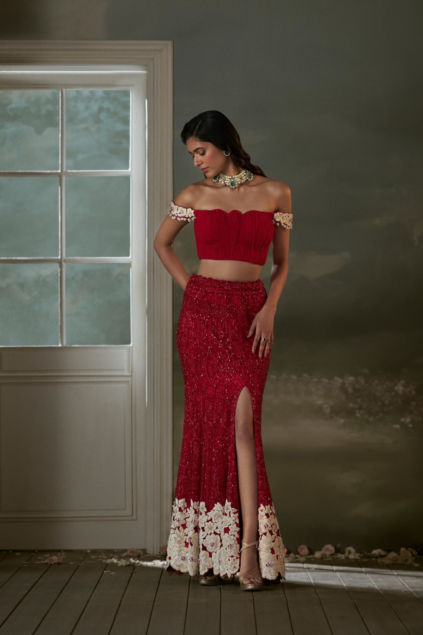 Red skirt with pleated crop top and dupatta
