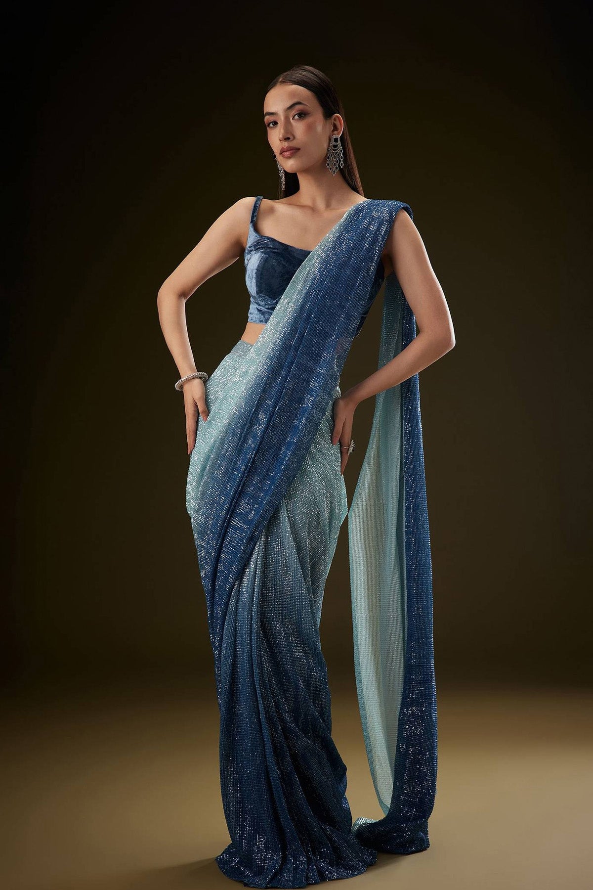 Teal Ombre Sequence Saree With Velvet Blouse - Ready to Ship