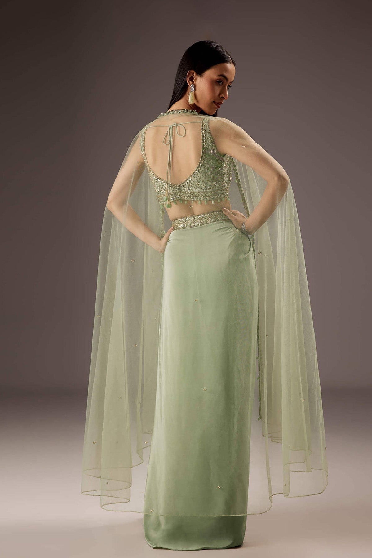 Mint Green Silk Crop Top Skirt With Monotone Embroidery - Ready to Ship