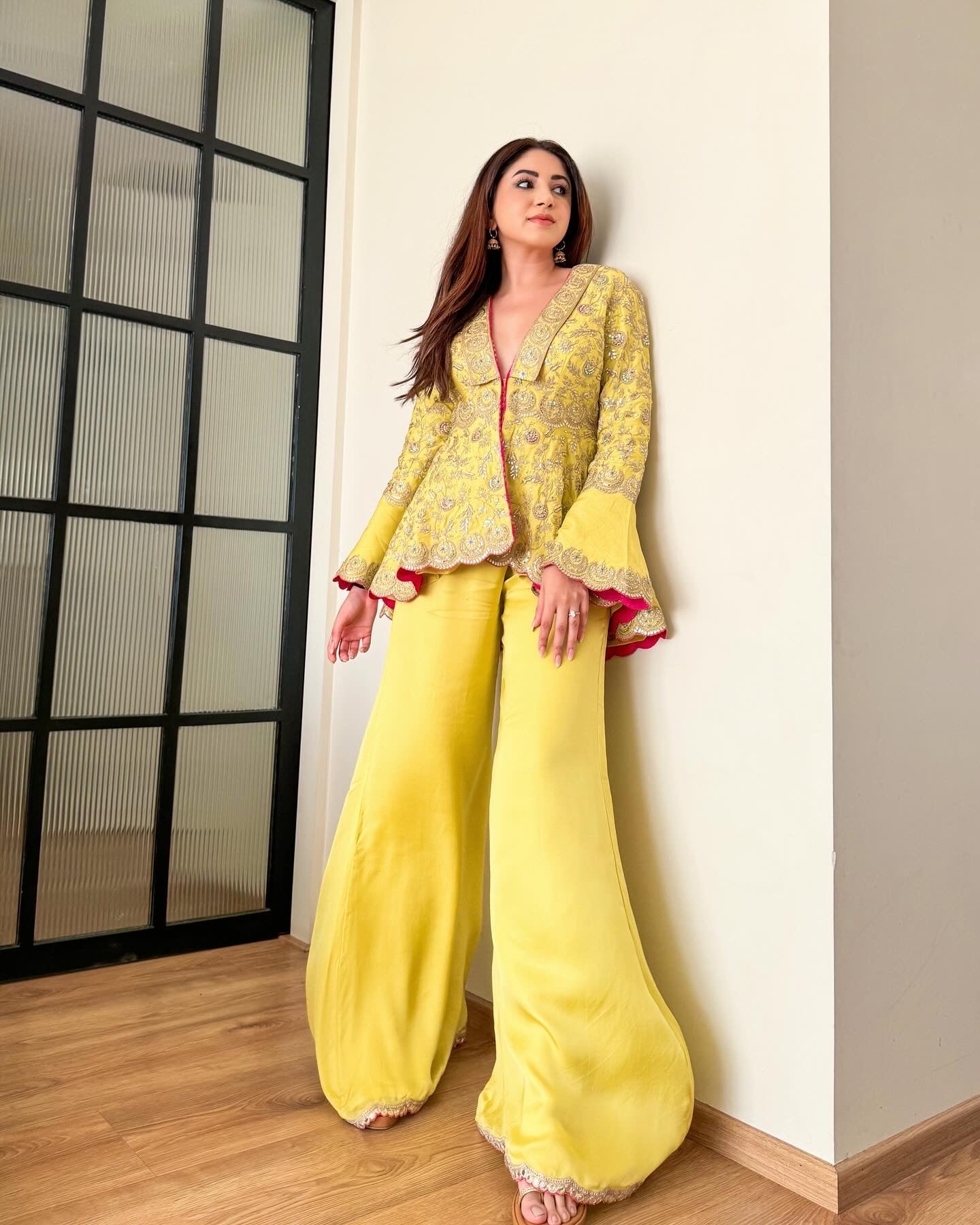Mehndi Yellow Jacket Trouser Set