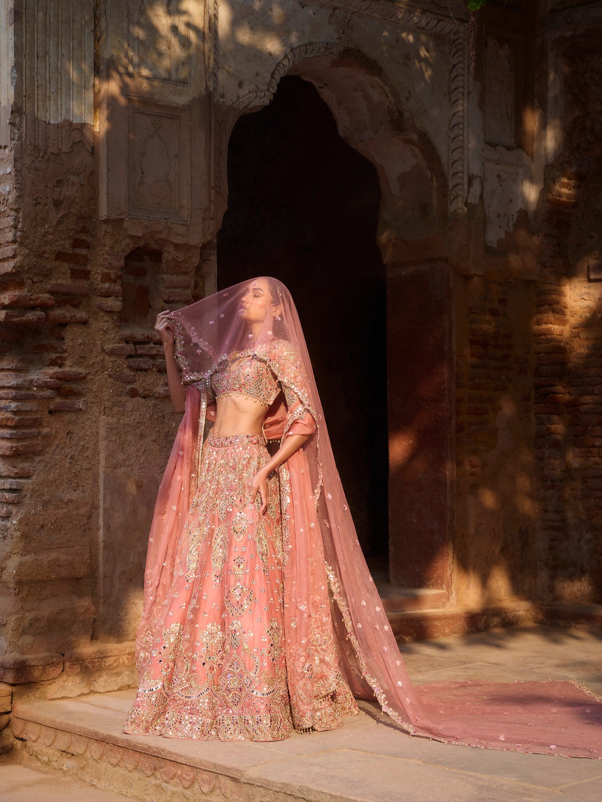 TAMANNA PUNJABI KAPOOR SUNKISSED CORAL ORGANZA LEHENGA SET M