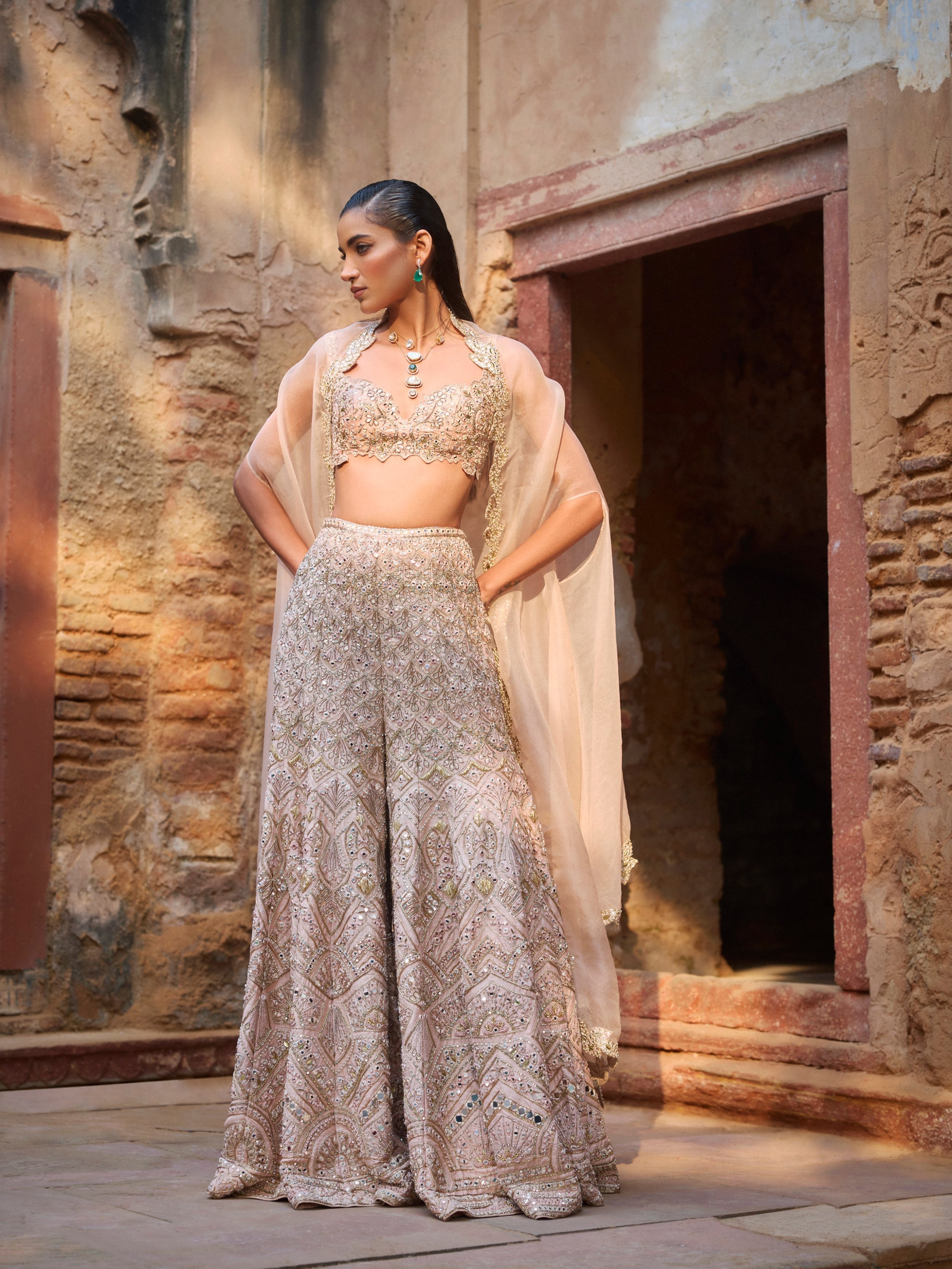 NUDE PEACH RAWSILK HIGH WAIST SHARARA AND CAPE SET