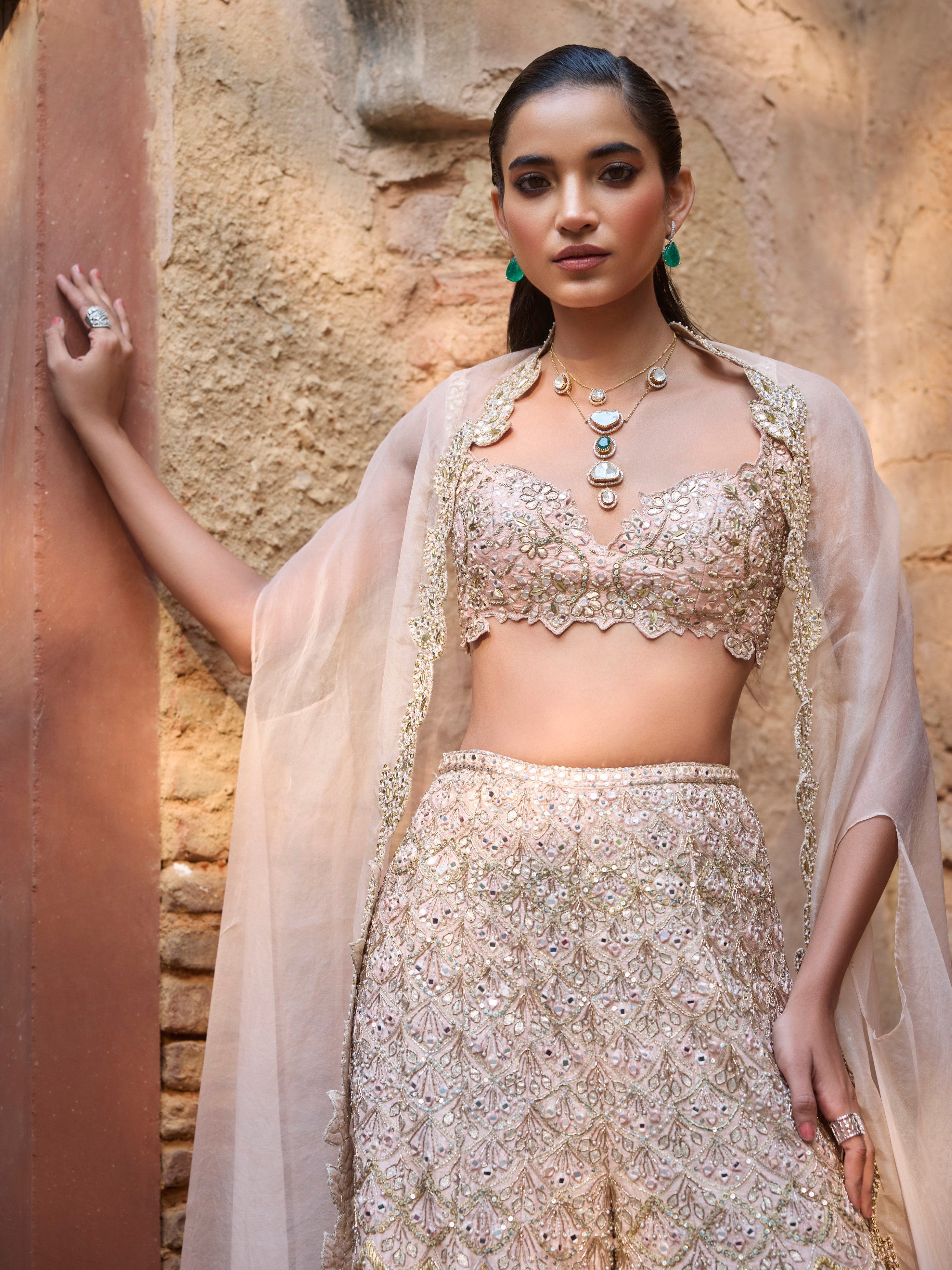 NUDE PEACH RAWSILK HIGH WAIST SHARARA AND CAPE SET