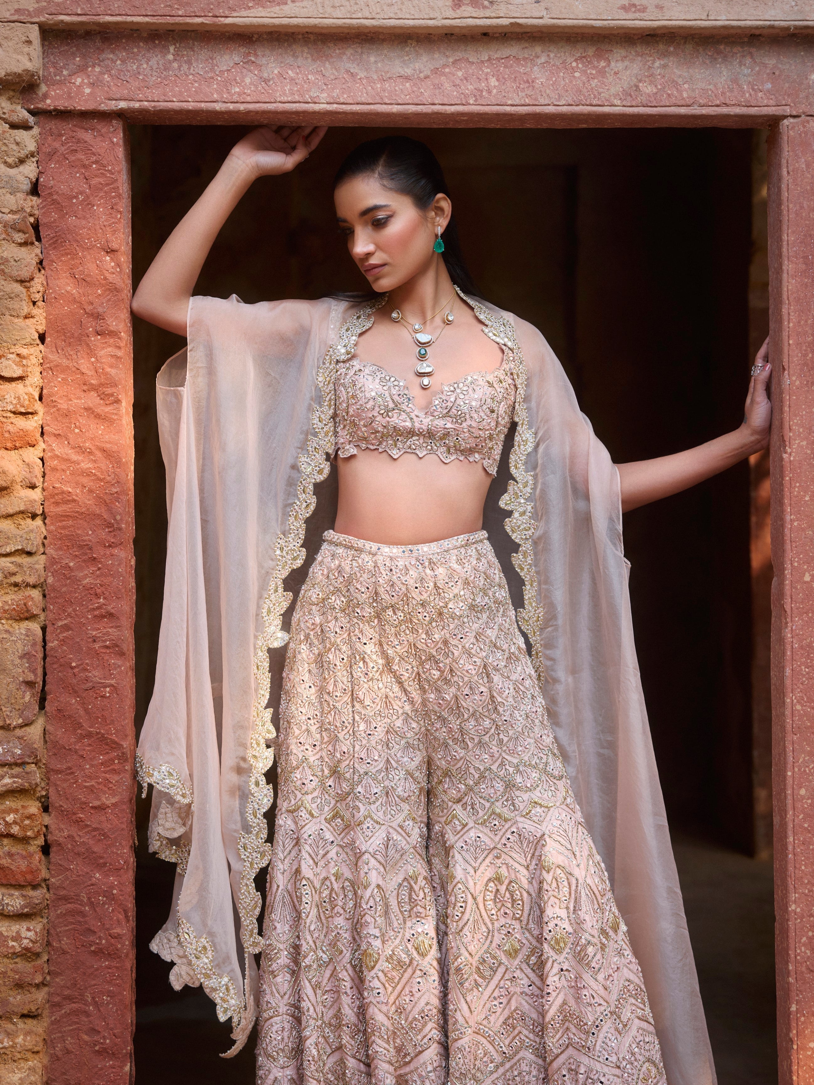 NUDE PEACH RAWSILK HIGH WAIST SHARARA AND CAPE SET