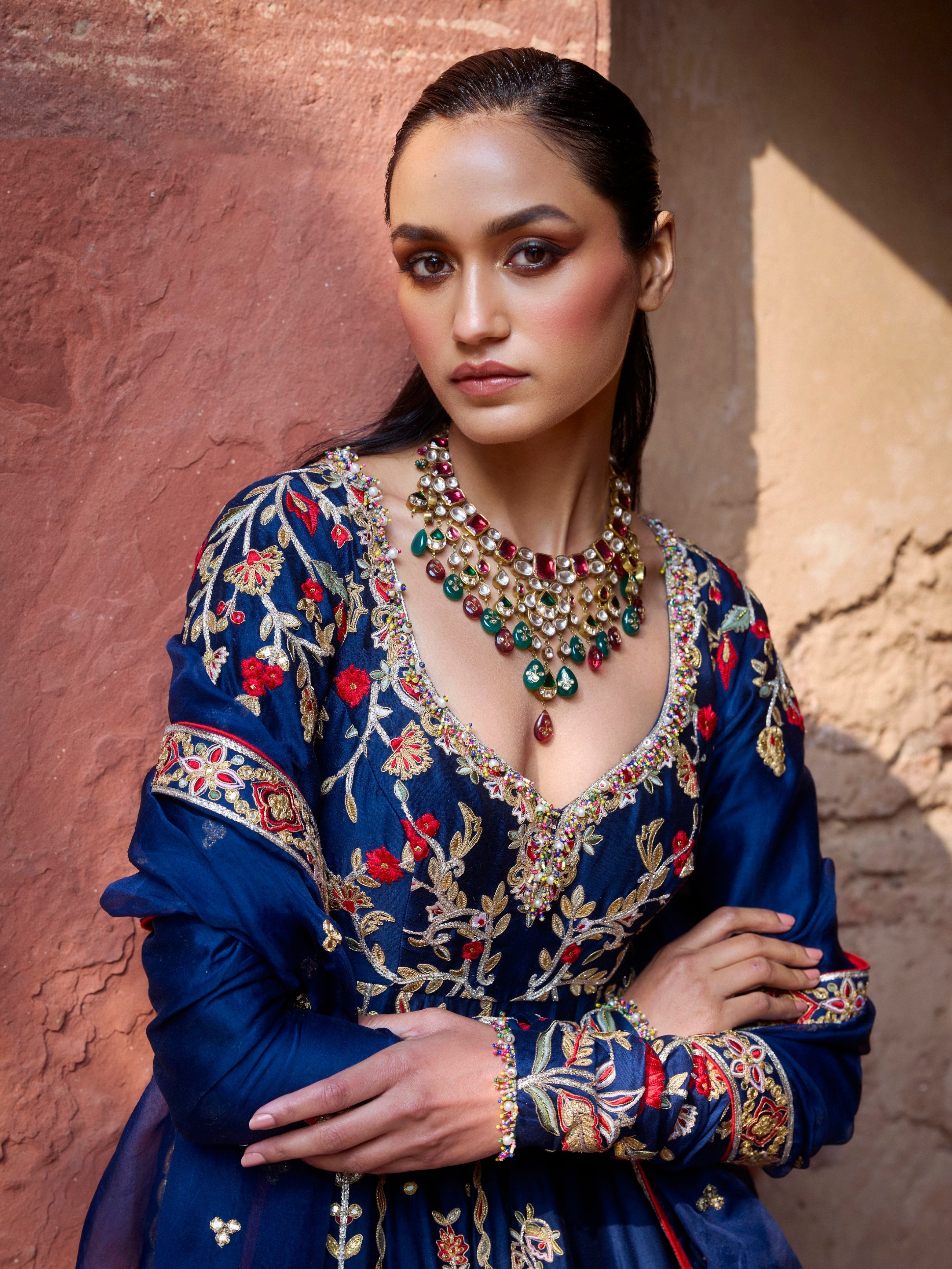 NAVY BLUE CHANDERI ANARKALI