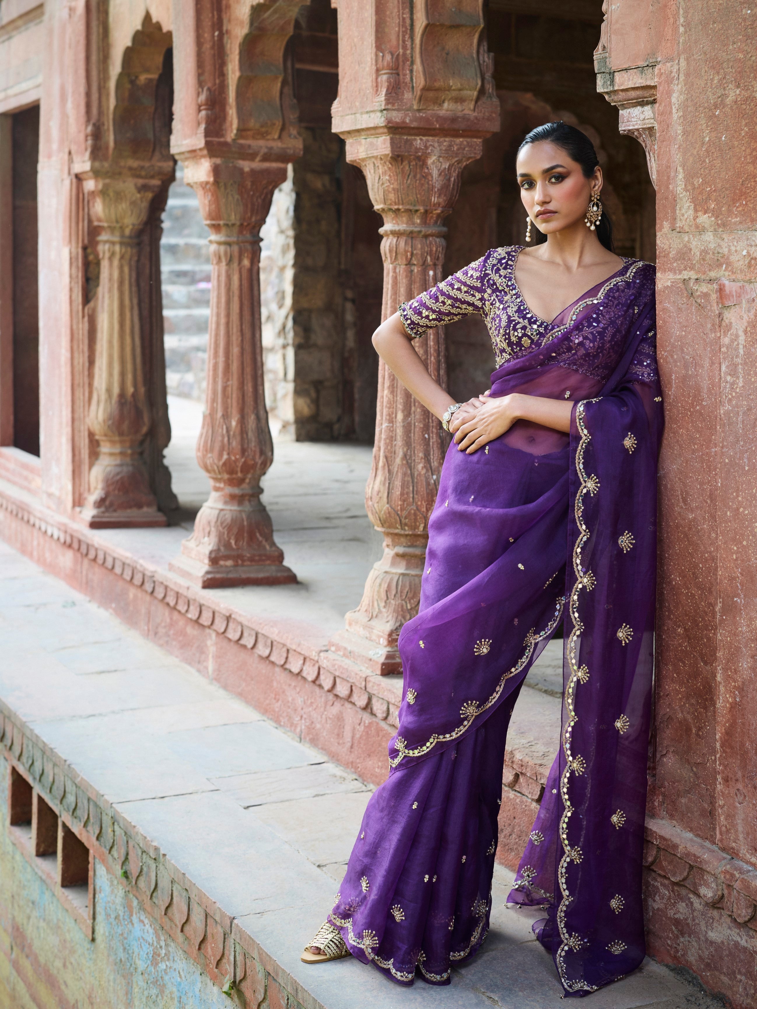 PURPLE ORGANZA SAREE SET