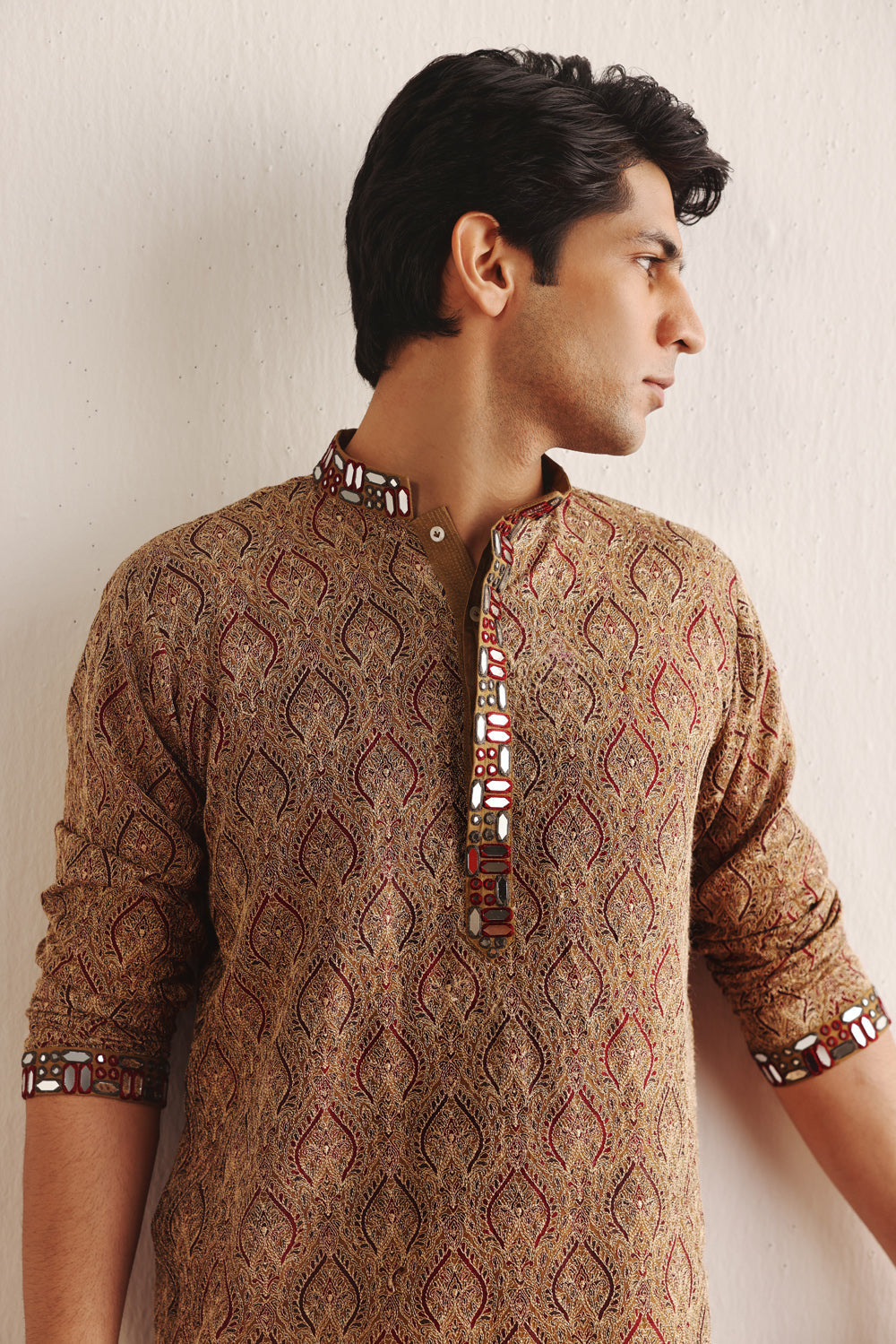 Ajrakh Kantha Work Kurta With Mirrorwork
