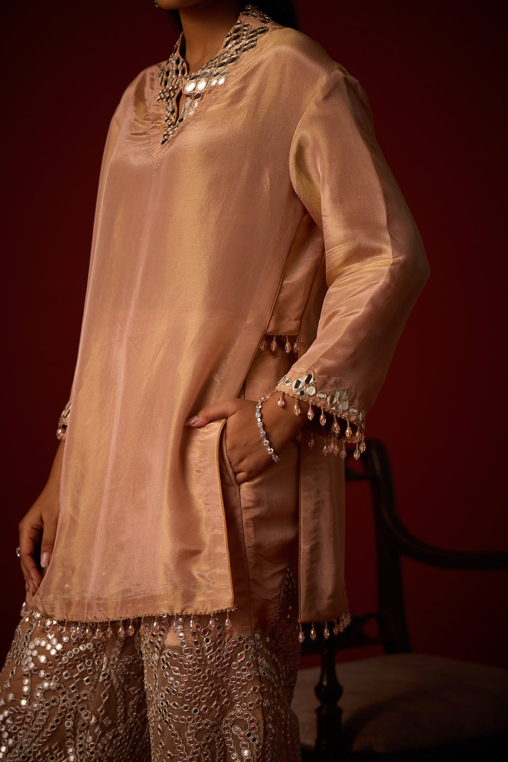 Tissue Mirror Work Hi Neck Tunic
