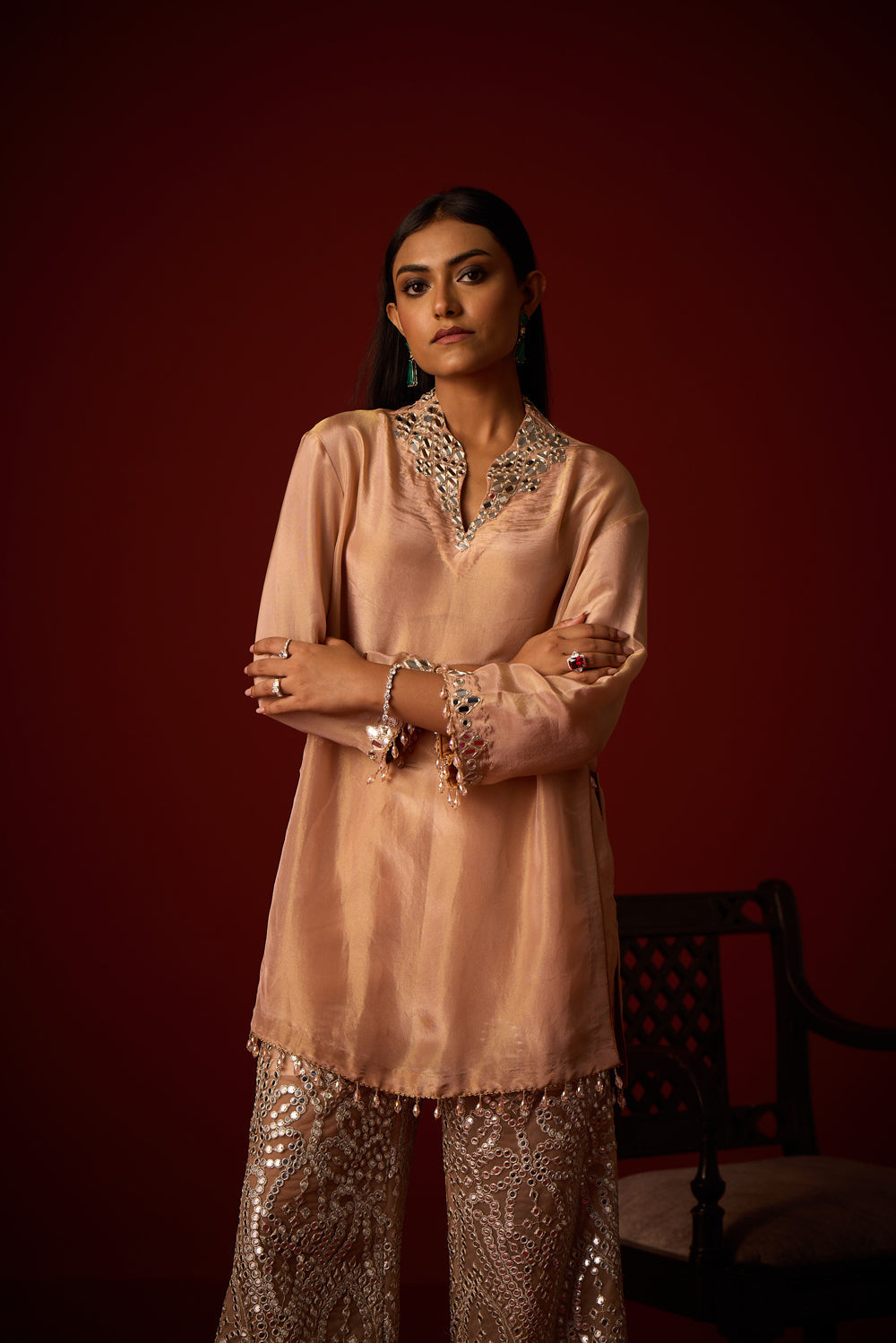 Tissue Mirror Work Hi Neck Tunic