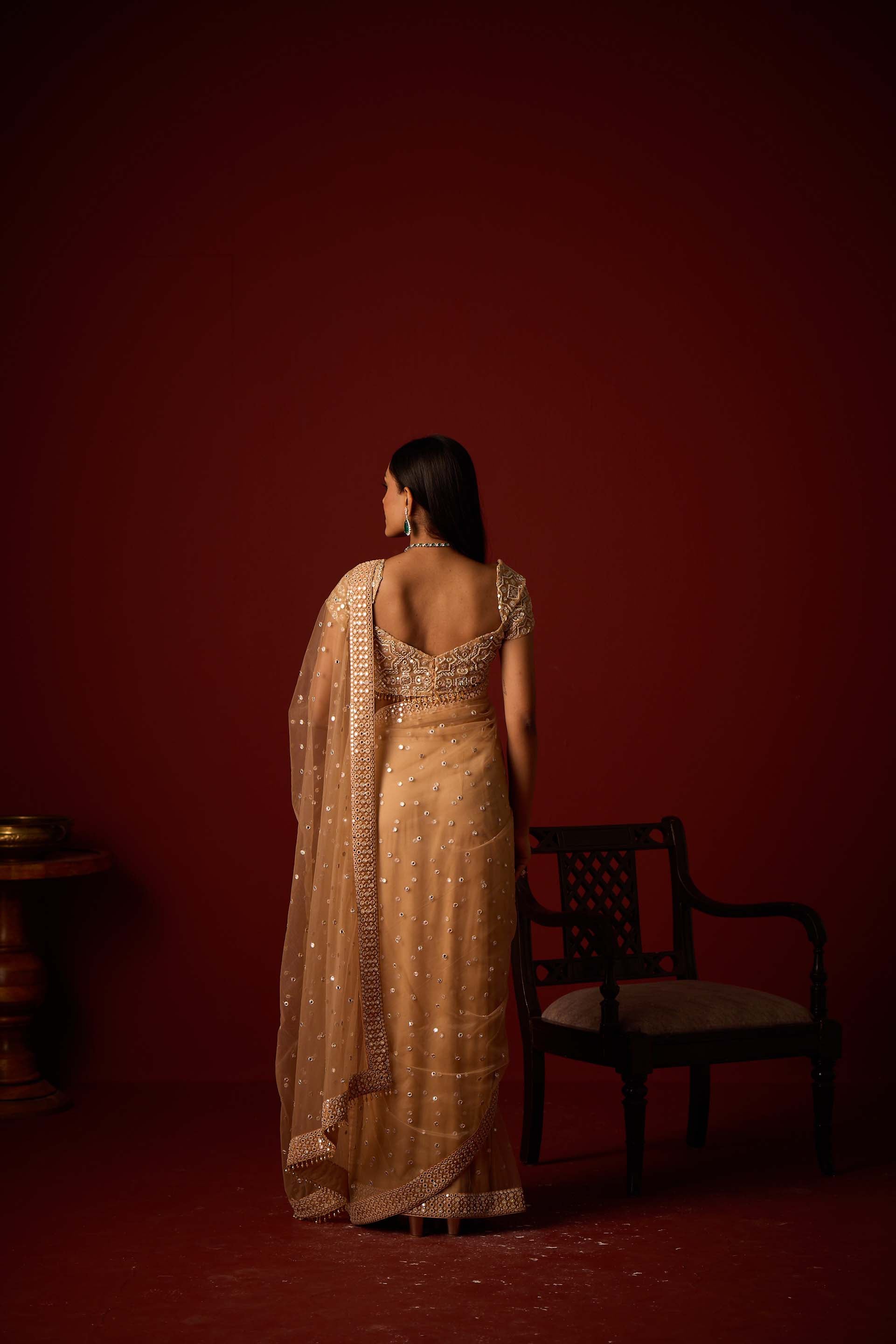 Net Mirrorwork Embellished Saree With Mirrorwork Beadwork Blouse
