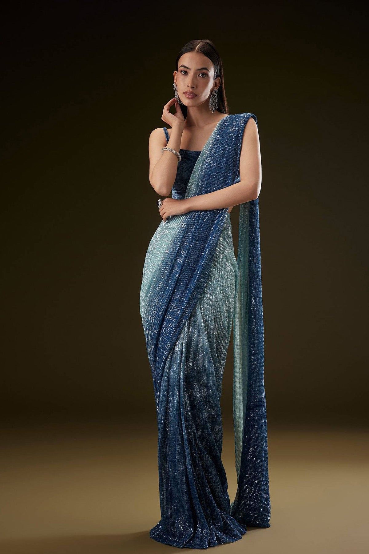 Teal Ombre Sequence Saree With Velvet Blouse - Ready to Ship