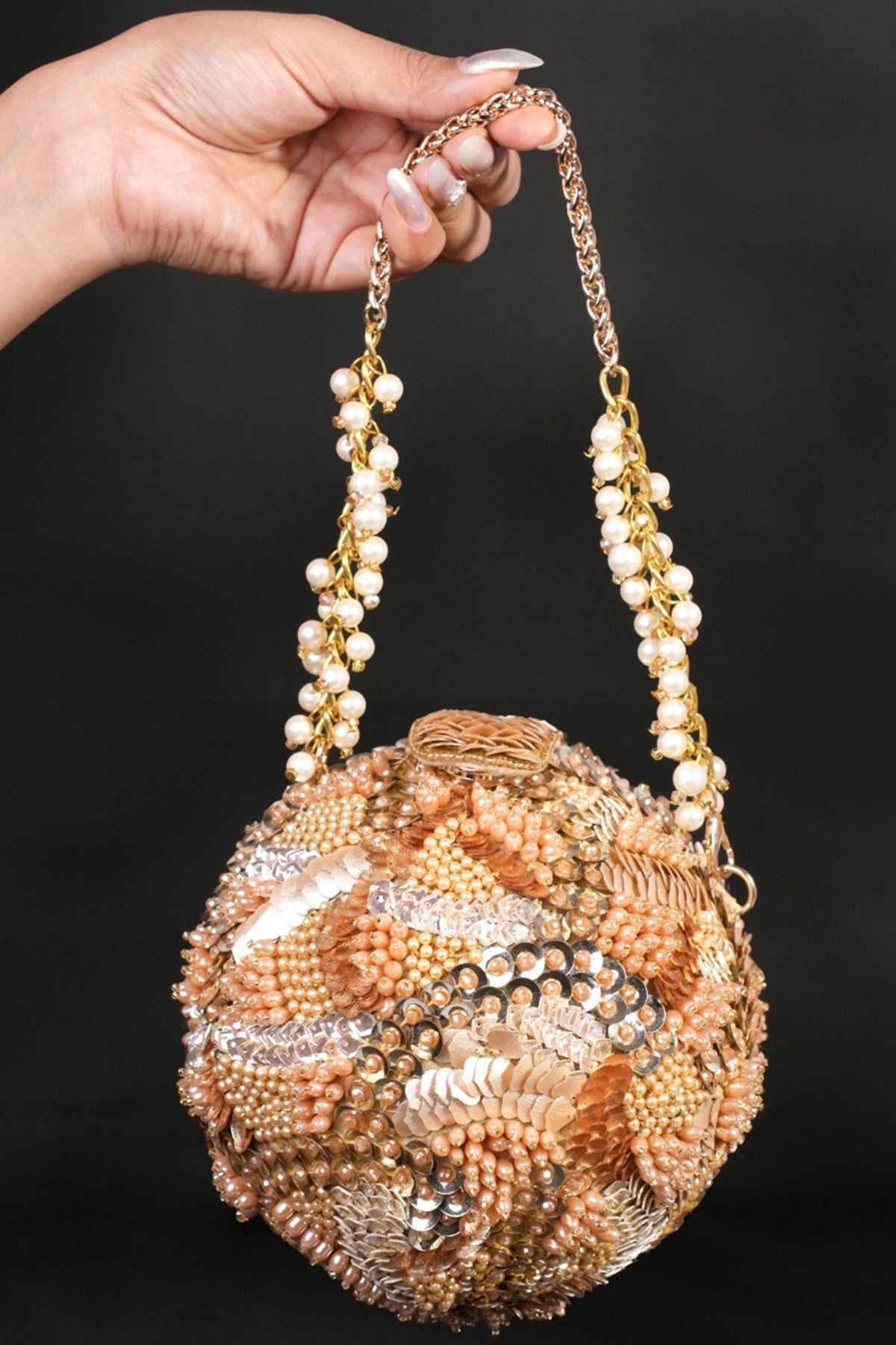 Amna Gold Suede Embellished Round Bag