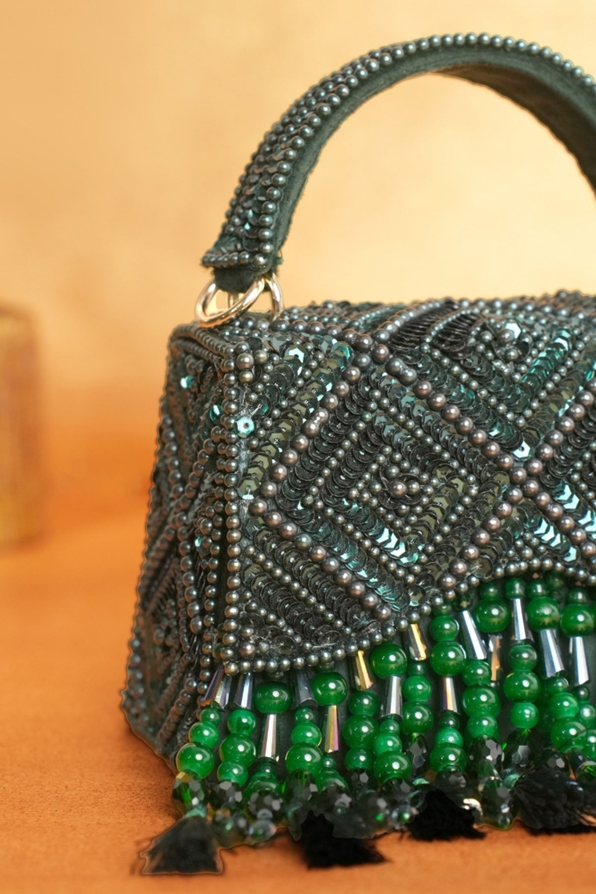 Elara Green Suede Embellished Box Bag