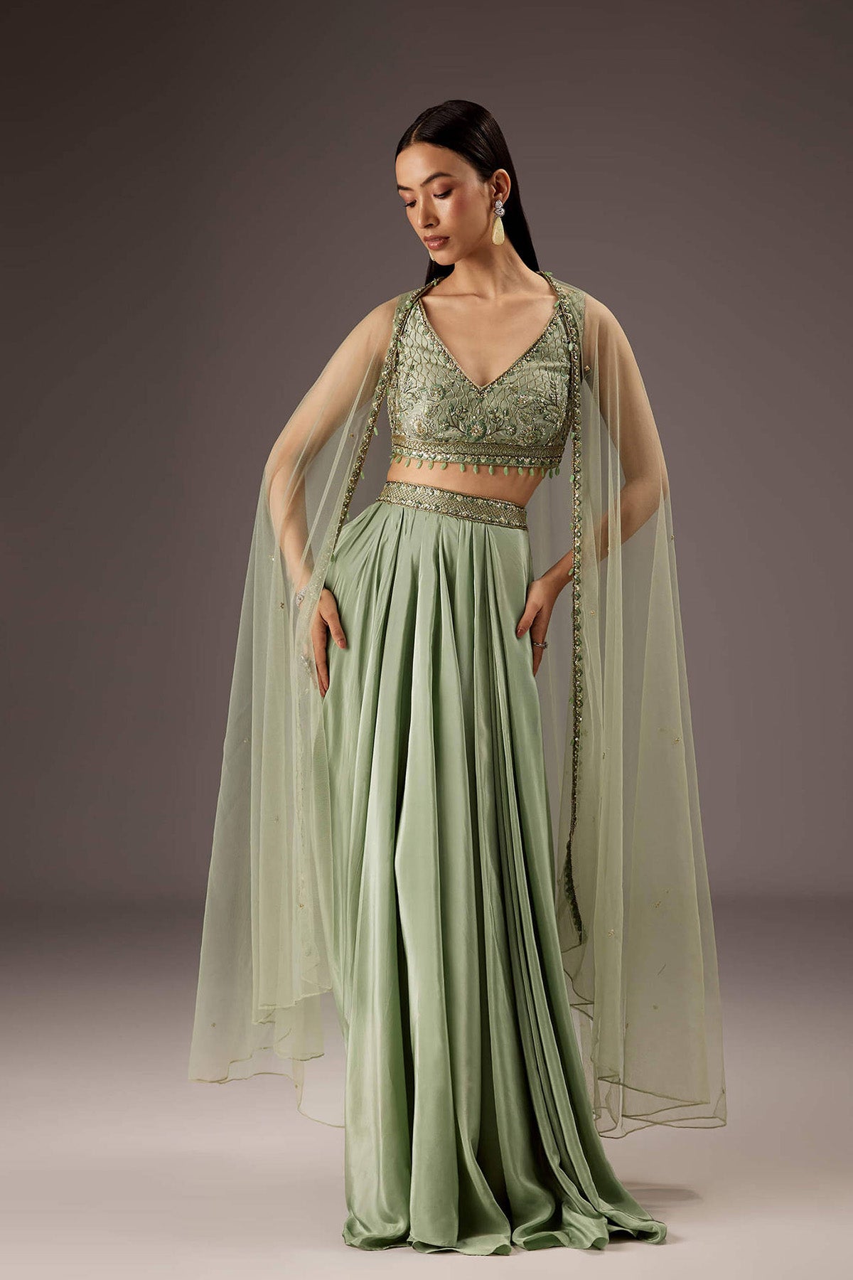 Mint Green Silk Crop Top Skirt With Monotone Embroidery - Ready to Ship