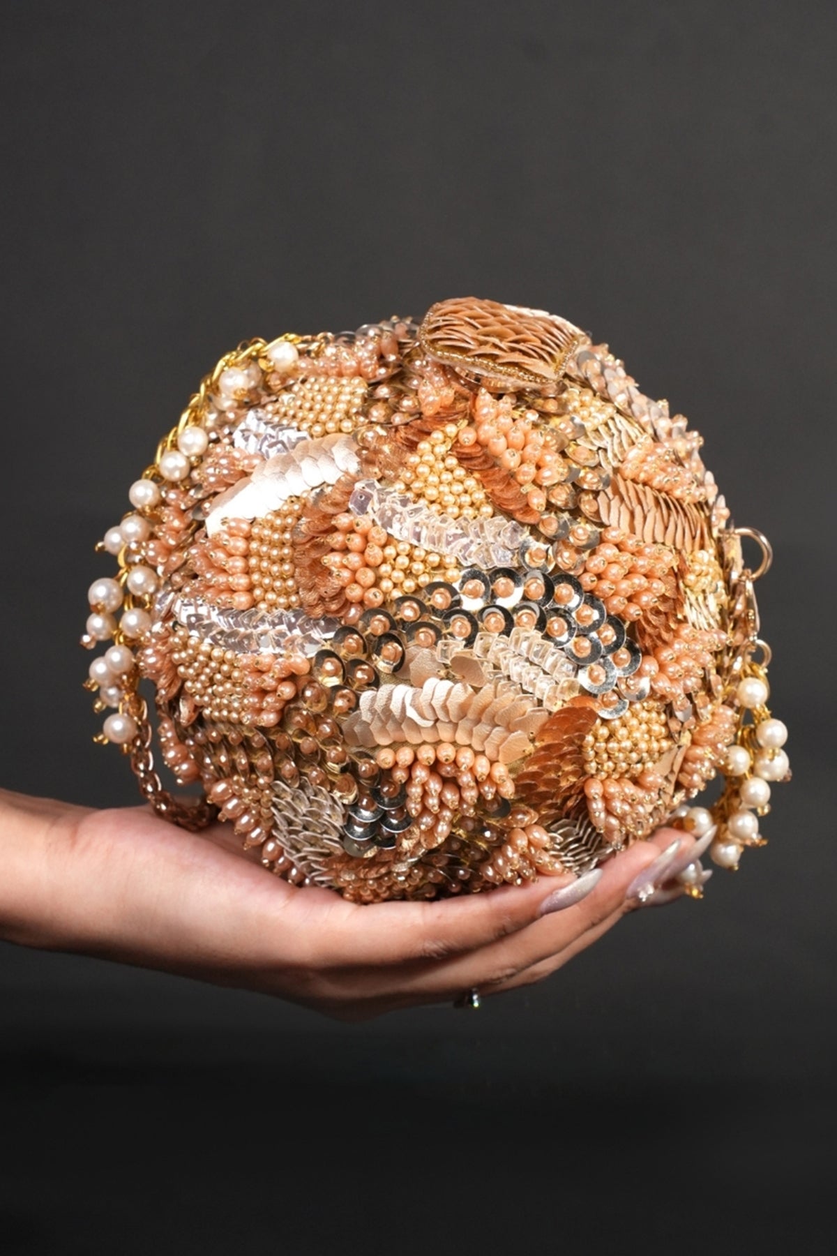 Amna Gold Suede Embellished Round Bag
