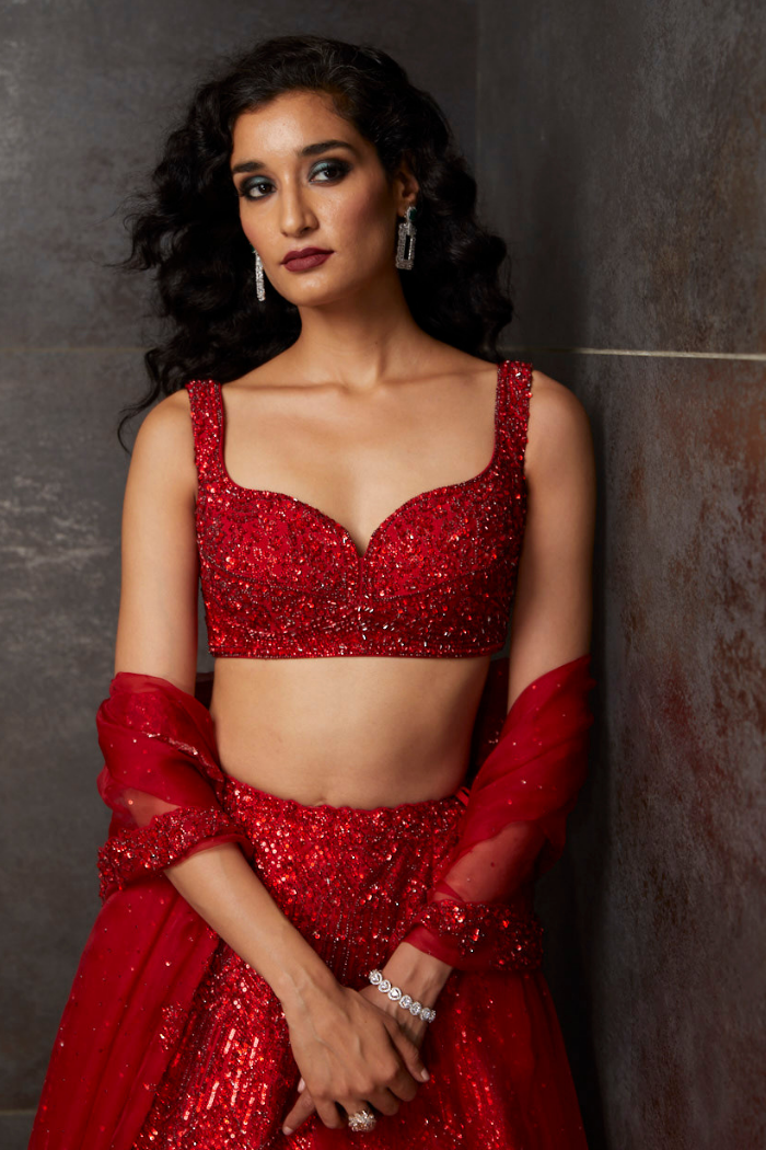 Sara Ali Khan In Dark Red Sequins Lehenga Set