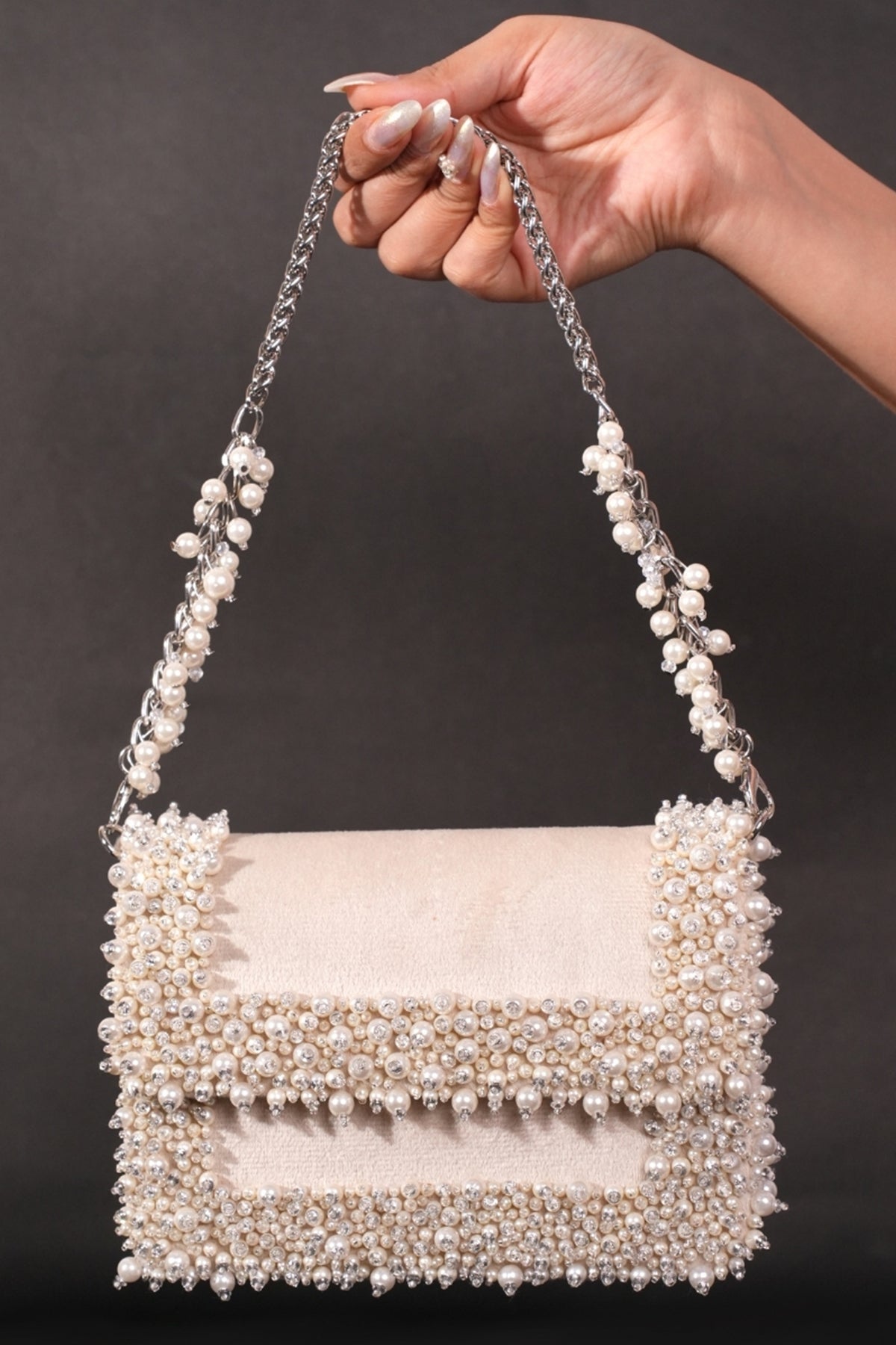 Aliya Ivory Suede Pearl Embellished Clutch