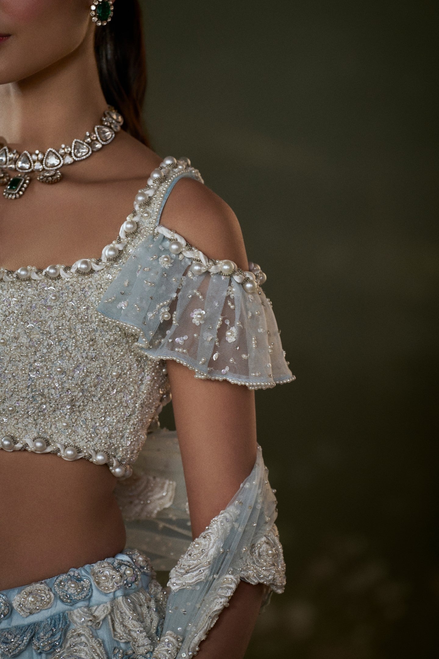 Powder Blue White Trail Lehenga Choli Set
