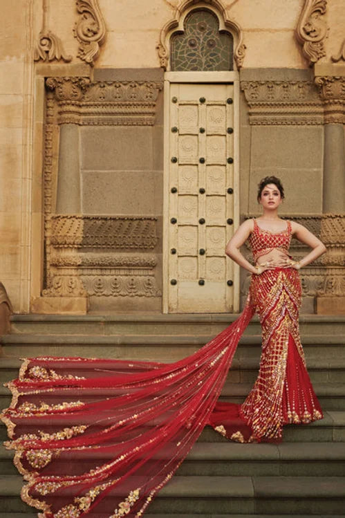 mermaid dress lehenga Papa Dont Preach Tamanna Bhatia - Fiery Red mermaid cut Lehenga Set Default Title