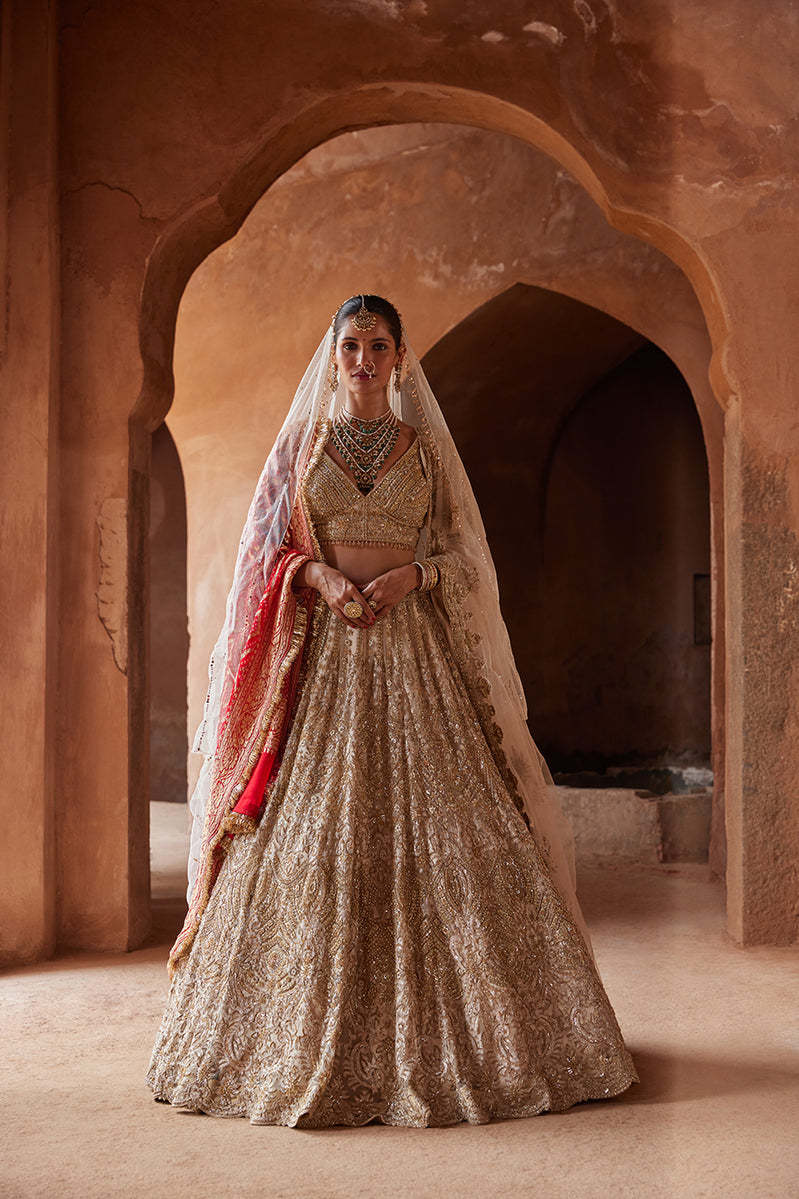 Nitika Gujral CHAMPAGNE GOLD NET EMBROIDERED LEHENGA CHOLI SET XS | Sia Bridal Nitika Gujral CHAMPAGNE GOLD NET EMBROIDERED LEHENGA CHOLI SET XS | Sia Bridal