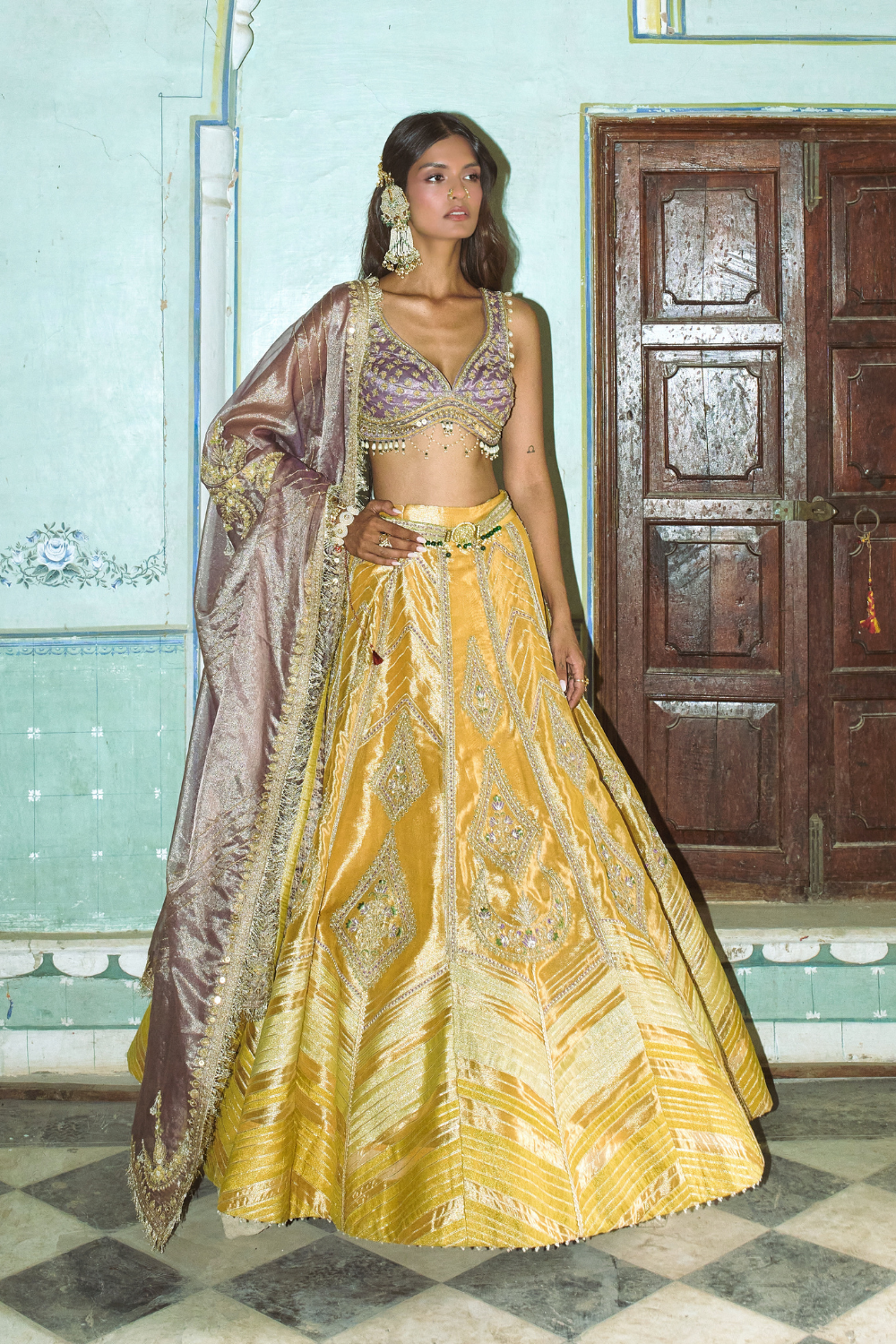 Mustard yellow with lilac tissue dupatta lehenga set - Ready To Ship