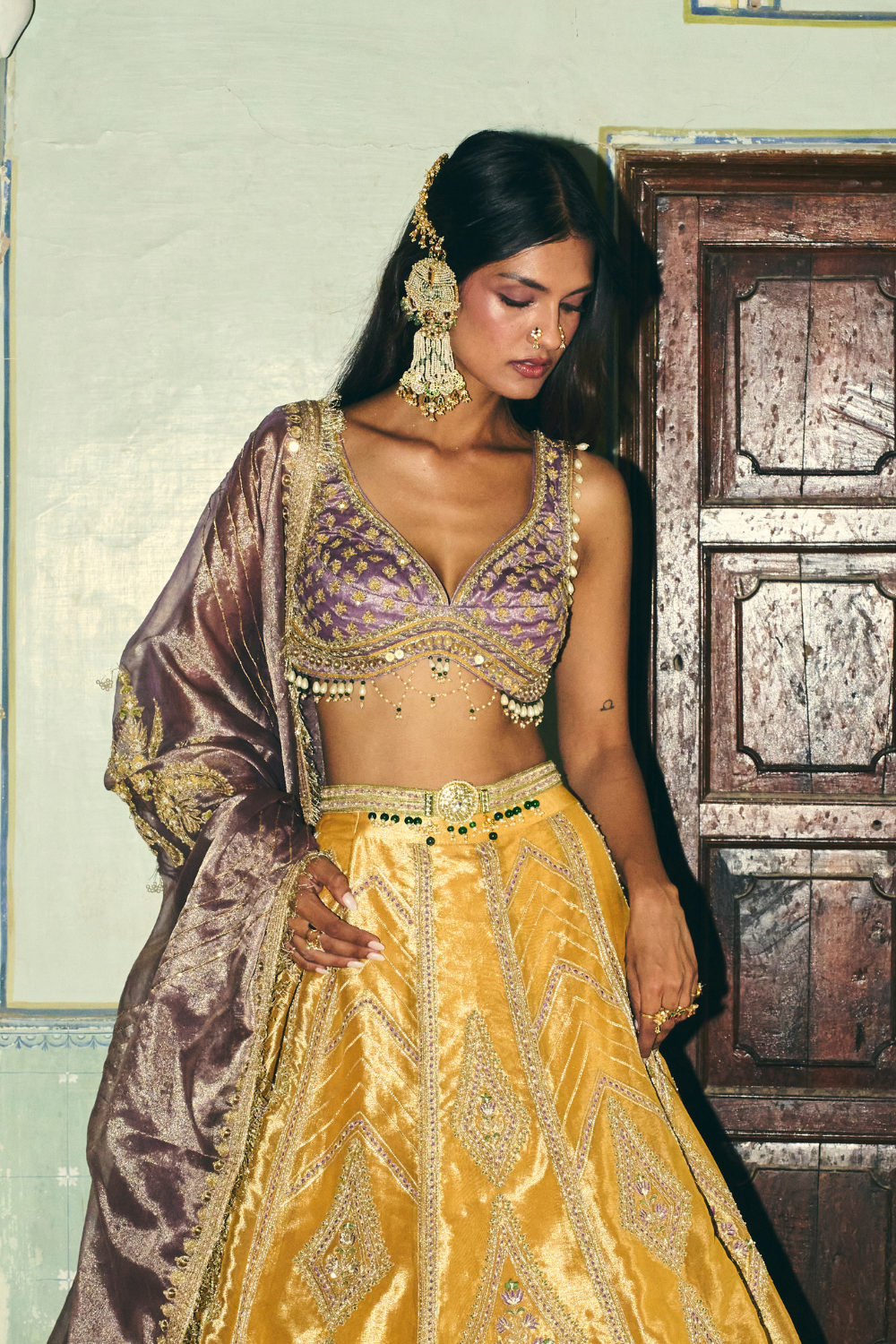 Mustard yellow with lilac tissue dupatta lehenga set - Ready To Ship