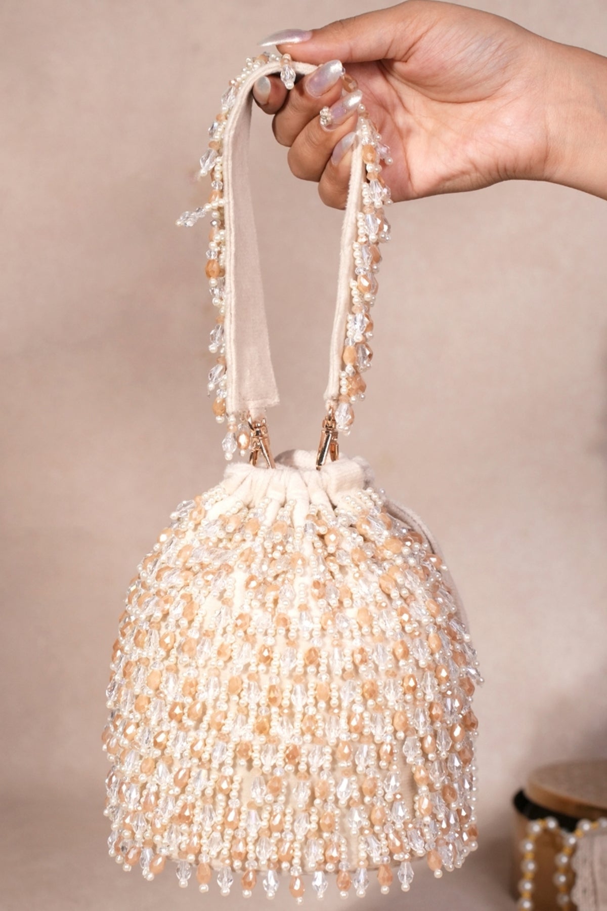Kelly Ivory Pastel Suede Embellished Bucket Bag