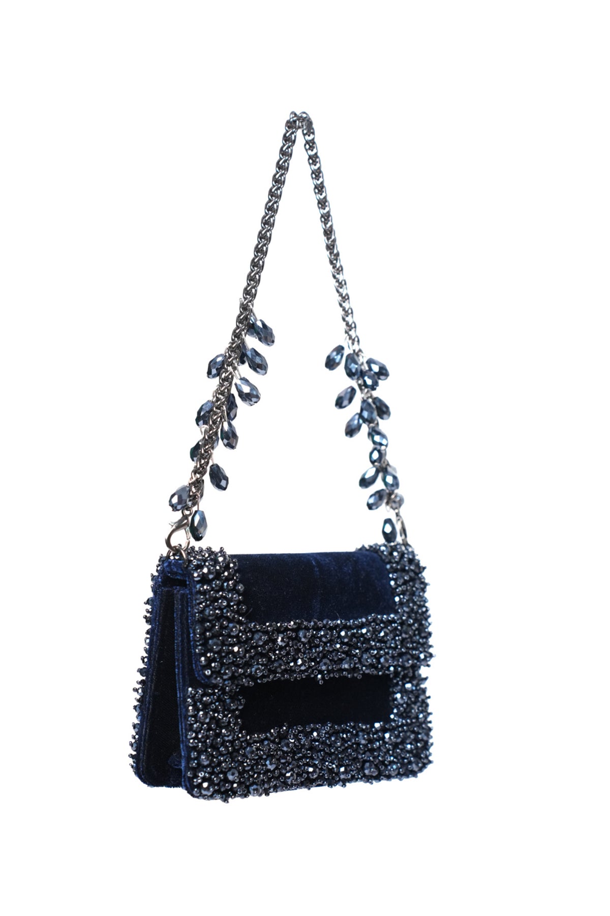 Elana Navy Blue Suede Crystal Embellished Mini Bag