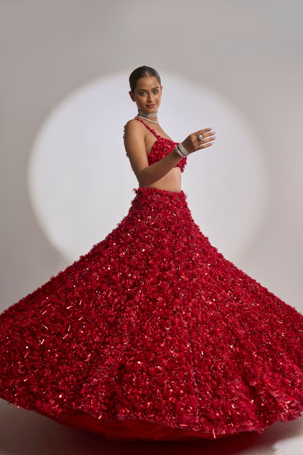 Tamannaah Bhatia in Red Three-Dimensional Lehenga Set