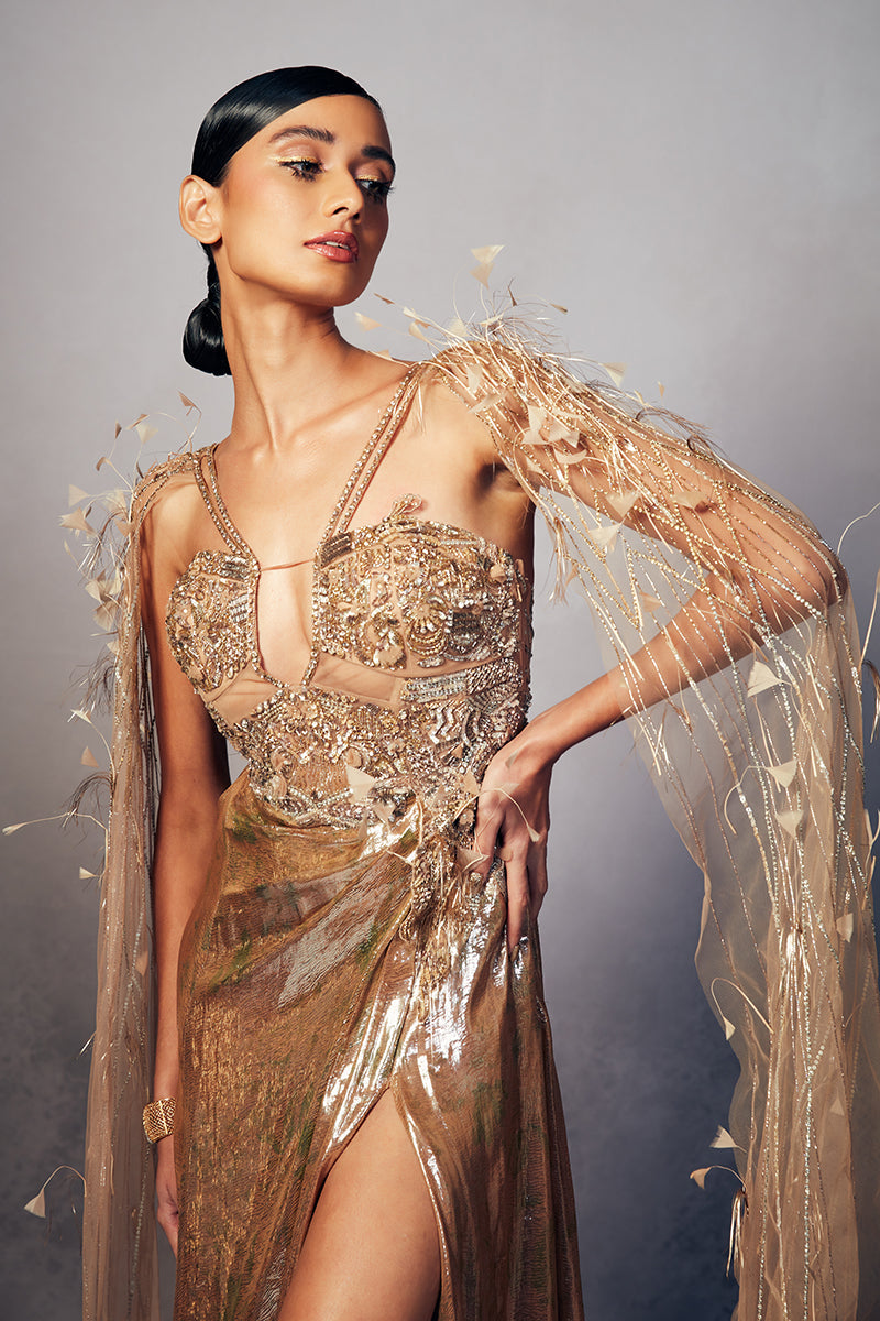 IrisLurex Draped Bridal Column Gown