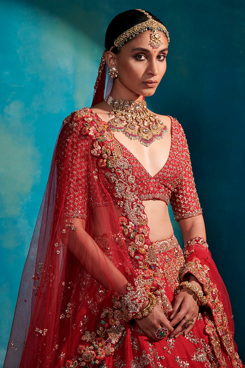 Etta Carmine Red Floral Garden Bridal Lehenga Set - Ready to Ship