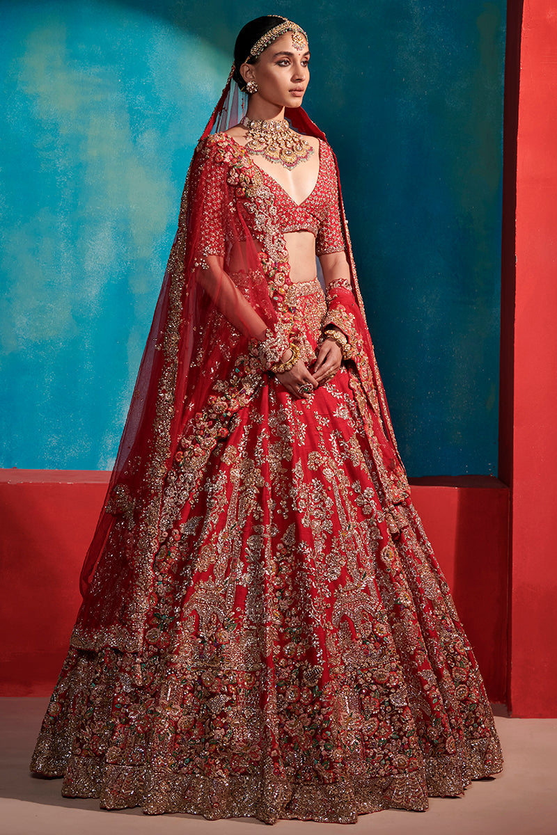 Etta Carmine Red Floral Garden Bridal Lehenga Set - Ready to Ship
