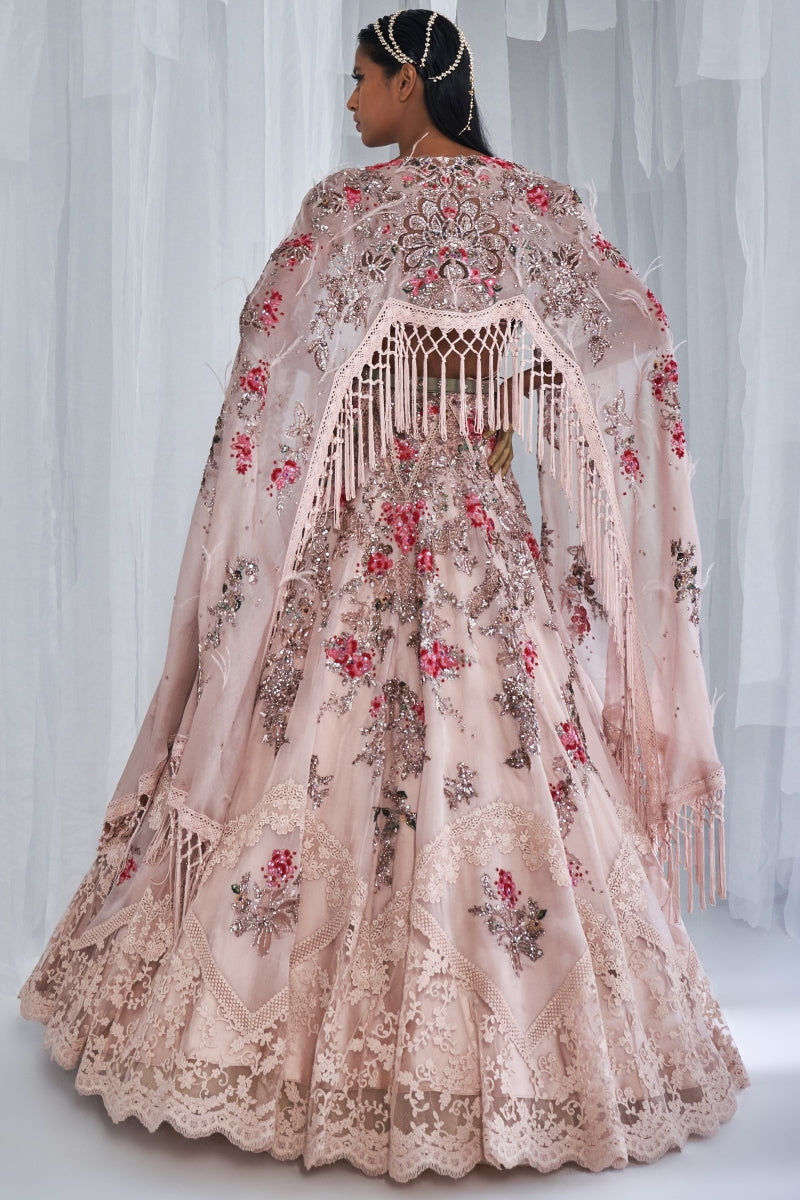 Cedar Wood Organza Lehenga Set With Cape