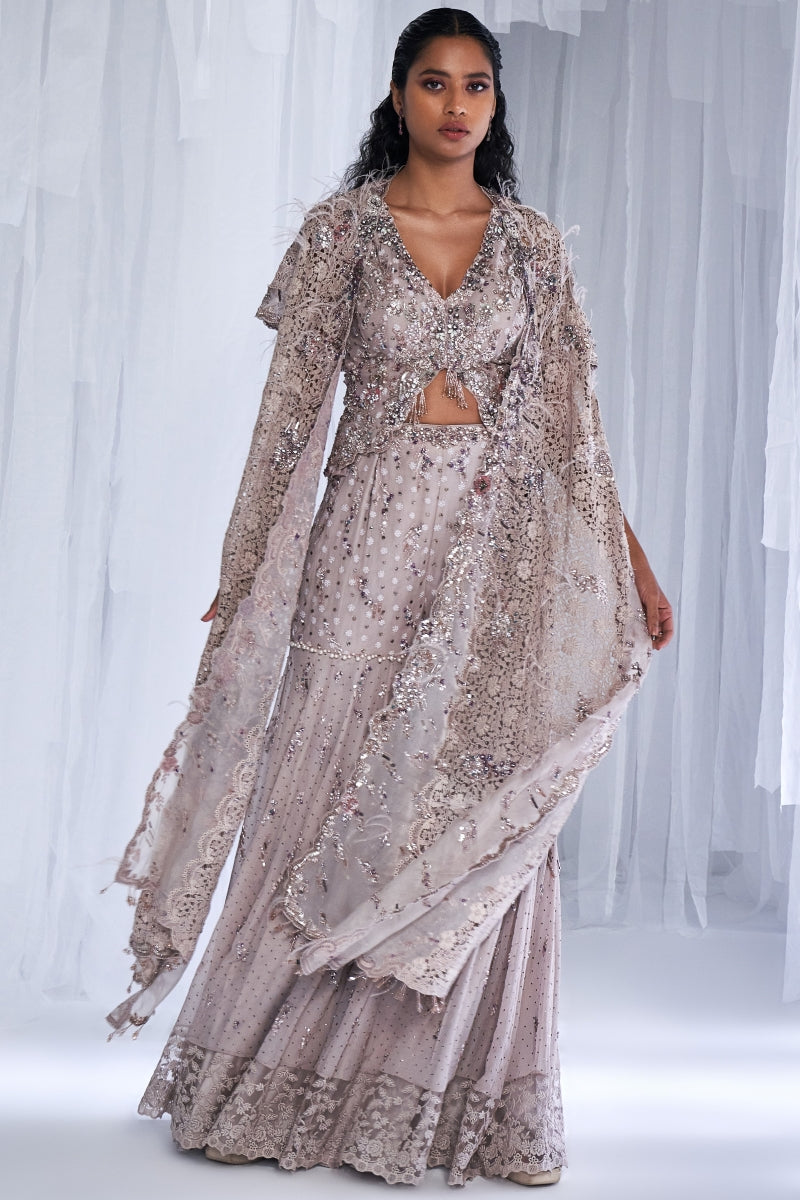 Ice Foam Chiffon Sharara With Cape And Waist Coat